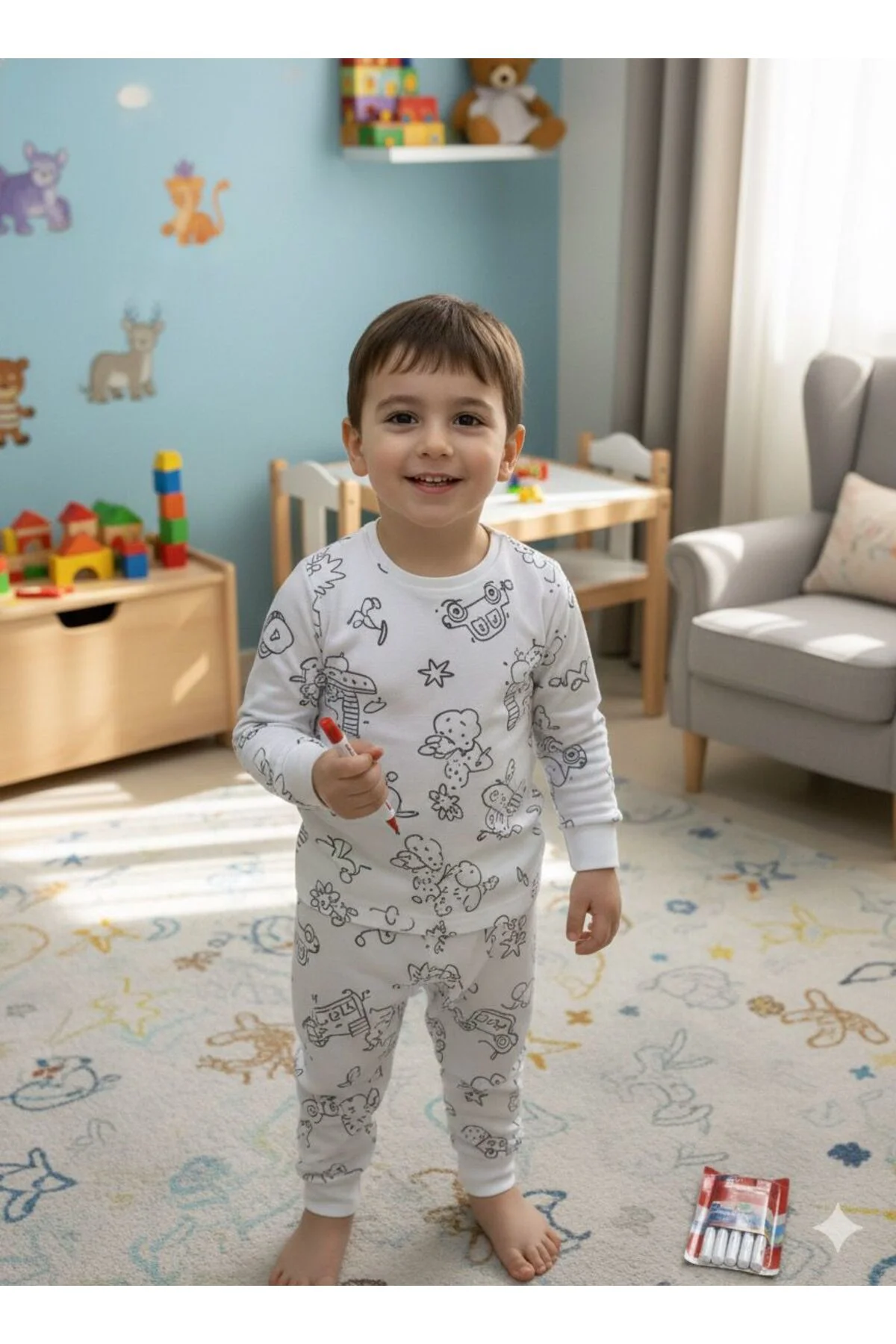 SUDE KIZ ERKEK ÇOCUK BOYAMALI PİJAMA TAKIMI