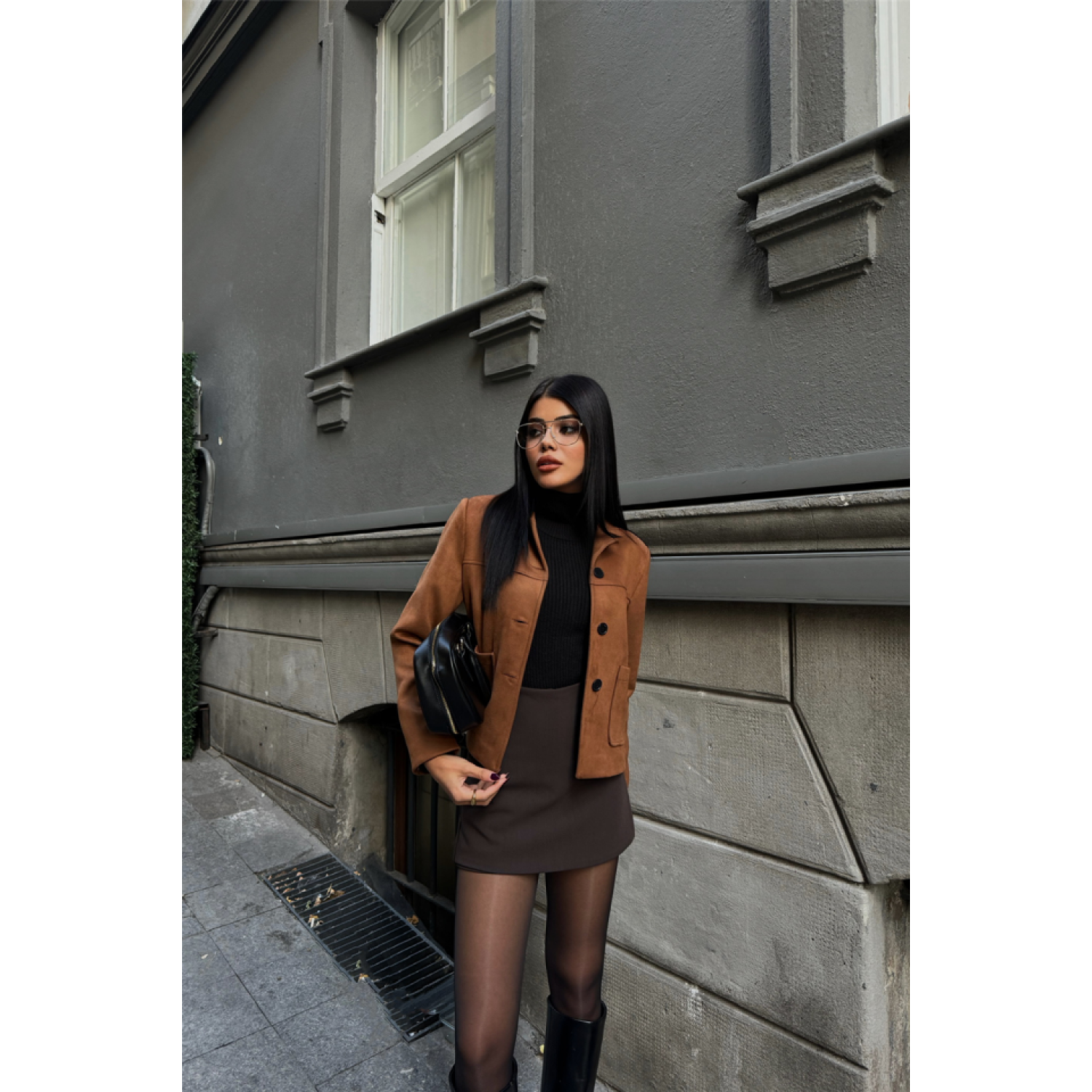 SÜET CROP CEKET CEP DETAYLI - Taba