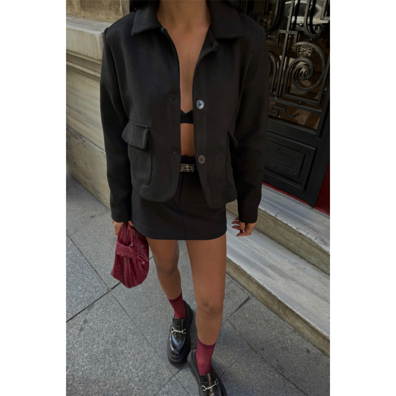 SÜET CROP CEKET KAPAKLI CEP DETAYLI - Siyah