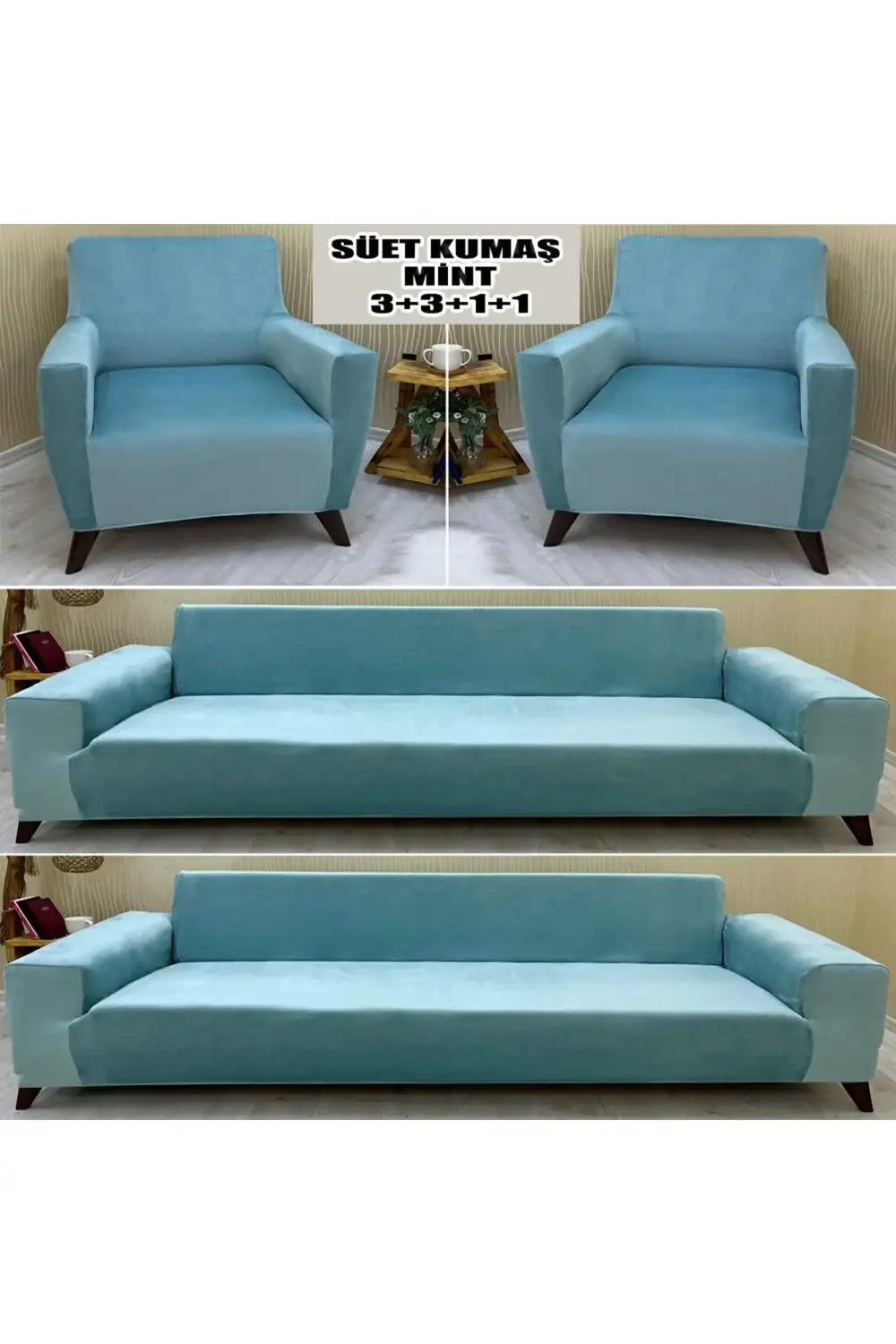 Süet Detaylı Angora Kumaş 2 Adet Üçlü & Çekyat- 2 Adet Tekli Set