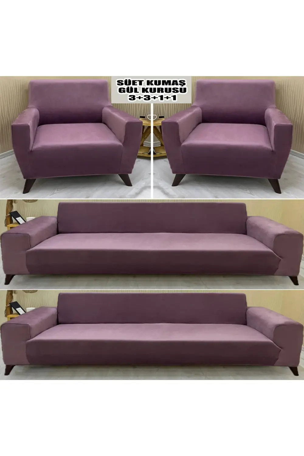 Süet Detaylı Angora Kumaş 2 Adet Üçlü & Çekyat- 2 Adet Tekli Set