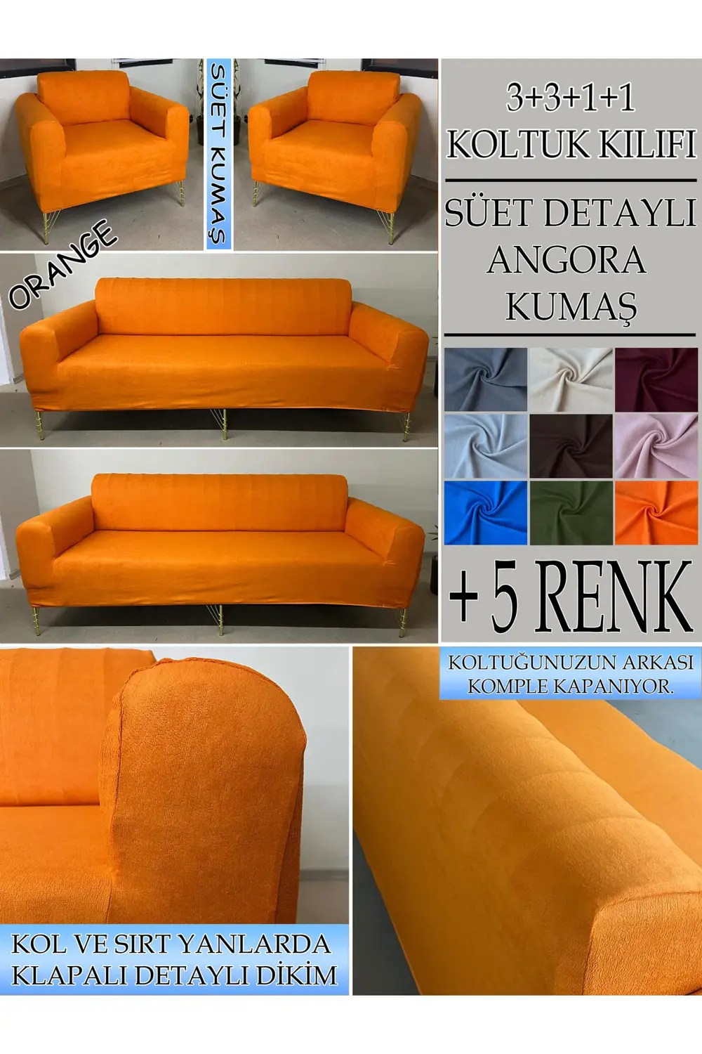 SÜET ŞÖNİL KUMAŞ 3+3+1+1 KOMPLE GİYDİRME KANEPE&ÇEKYAT, BOHEM, PO