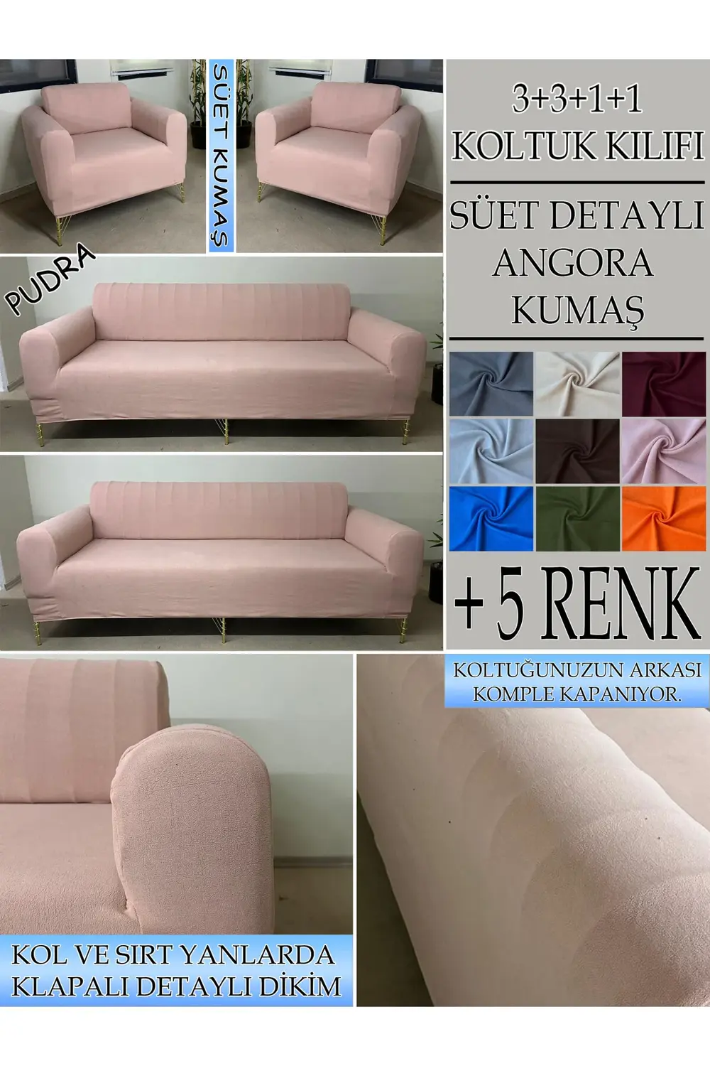 SÜET ŞÖNİL KUMAŞ 3+3+1+1 KOMPLE GİYDİRME KANEPE&ÇEKYAT, BOHEM, vb