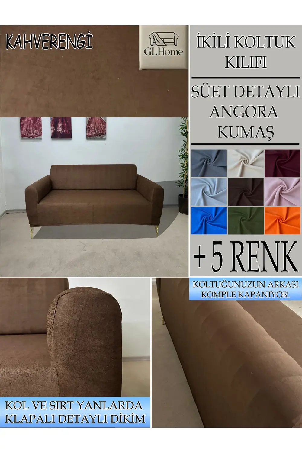 SÜET ŞÖNİL KUMAŞ ÇİFT KİŞİLİK KOMPLE GİYDİRME 2'Lİ KANEPE, BOHEM,