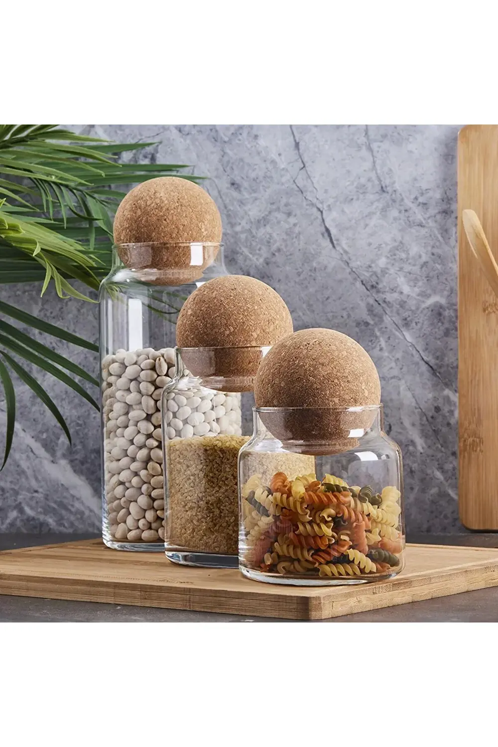 Sughero 3'lü Top Mantar Kapaklı Cam Kavanoz Ve Baharatlık Seti