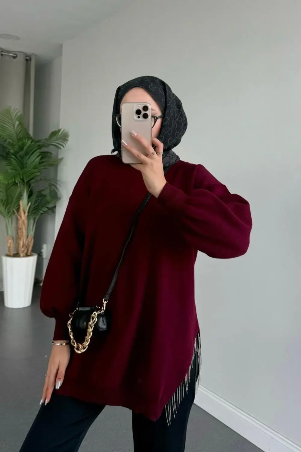 Şule Giyim Yarı Zincirli Triko Kazak Siyah