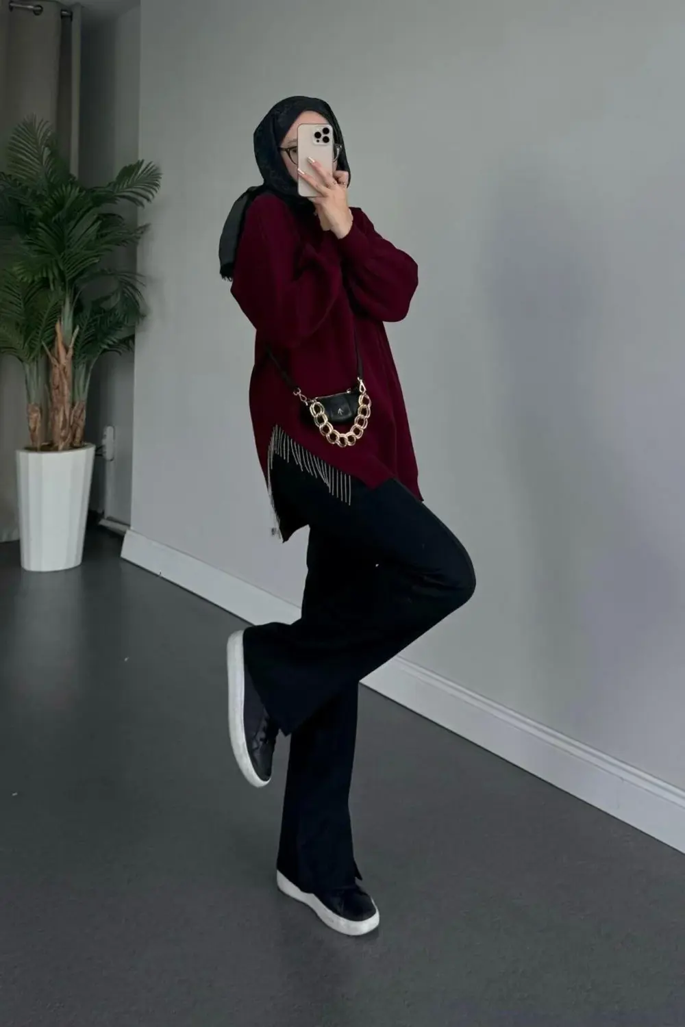 Şule Giyim Yarı Zincirli Triko Kazak Siyah