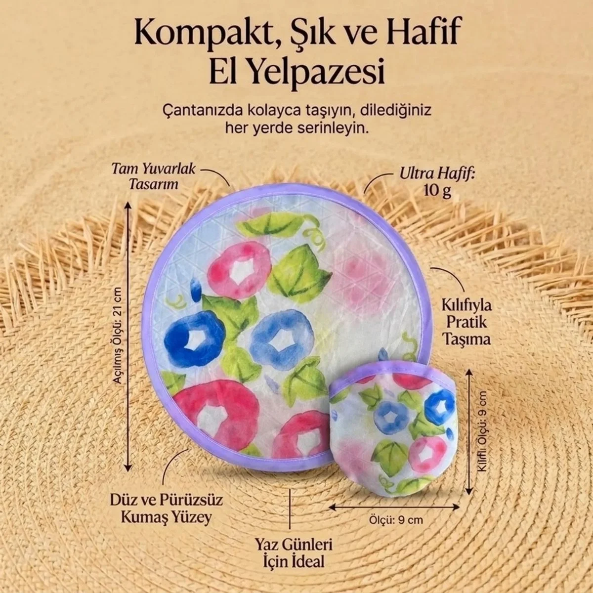 Sulu Boya Çiçek Desenli Katlanabilir Cep Yelpazesi - Kılıflı Yuvarlak Kumaş El Yelpazesi Bx40