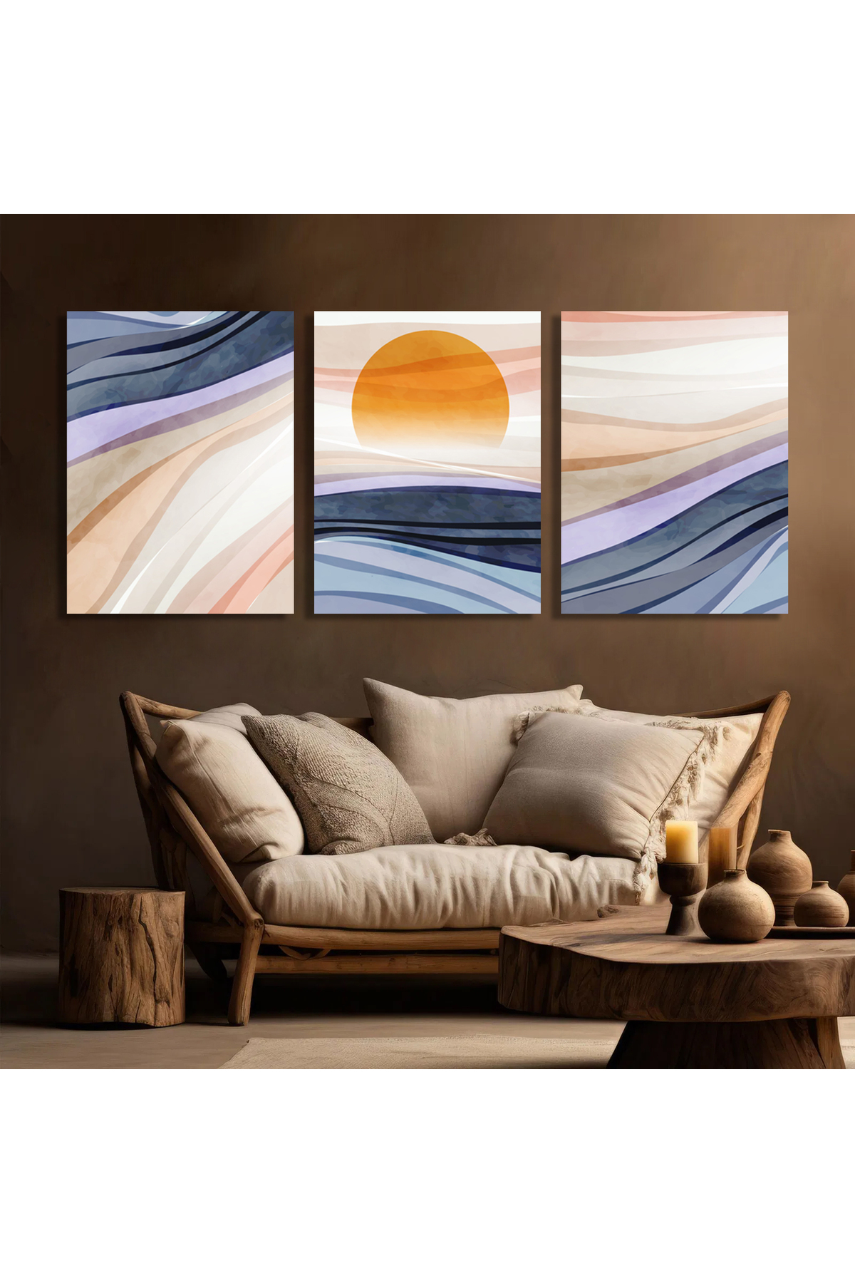 Korkmazkanvas Suluboya Tarzında Dalgalar Ve Güneş. 3'Lü Kanvas Tablo