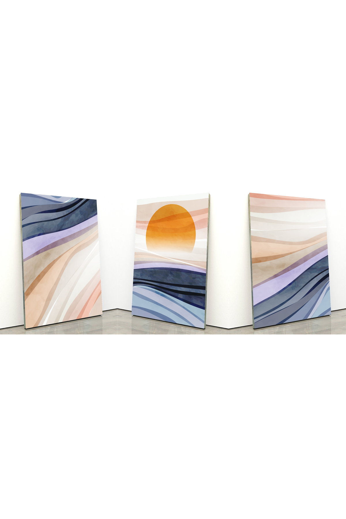 Korkmazkanvas Suluboya Tarzında Dalgalar Ve Güneş. 3'Lü Kanvas Tablo