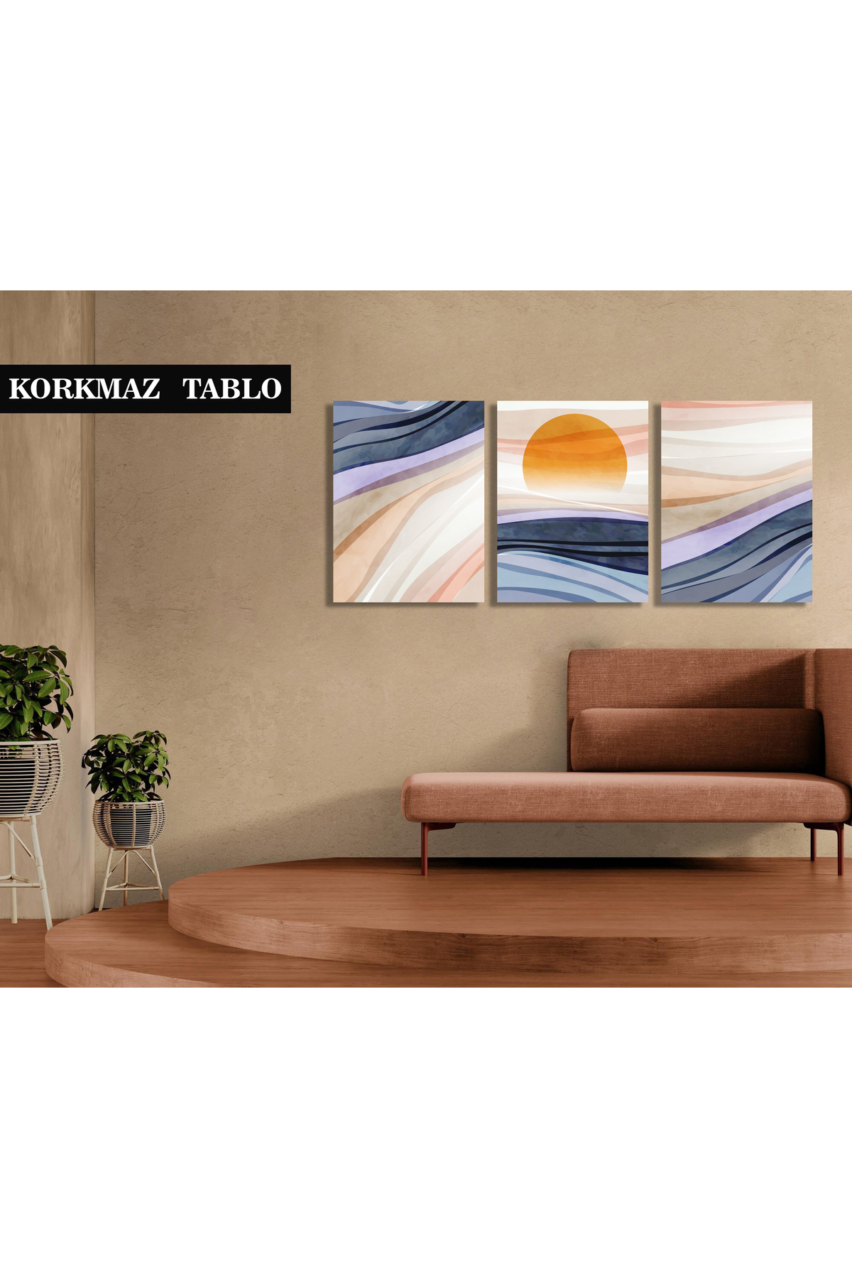 Korkmazkanvas Suluboya Tarzında Dalgalar Ve Güneş. 3'Lü Kanvas Tablo