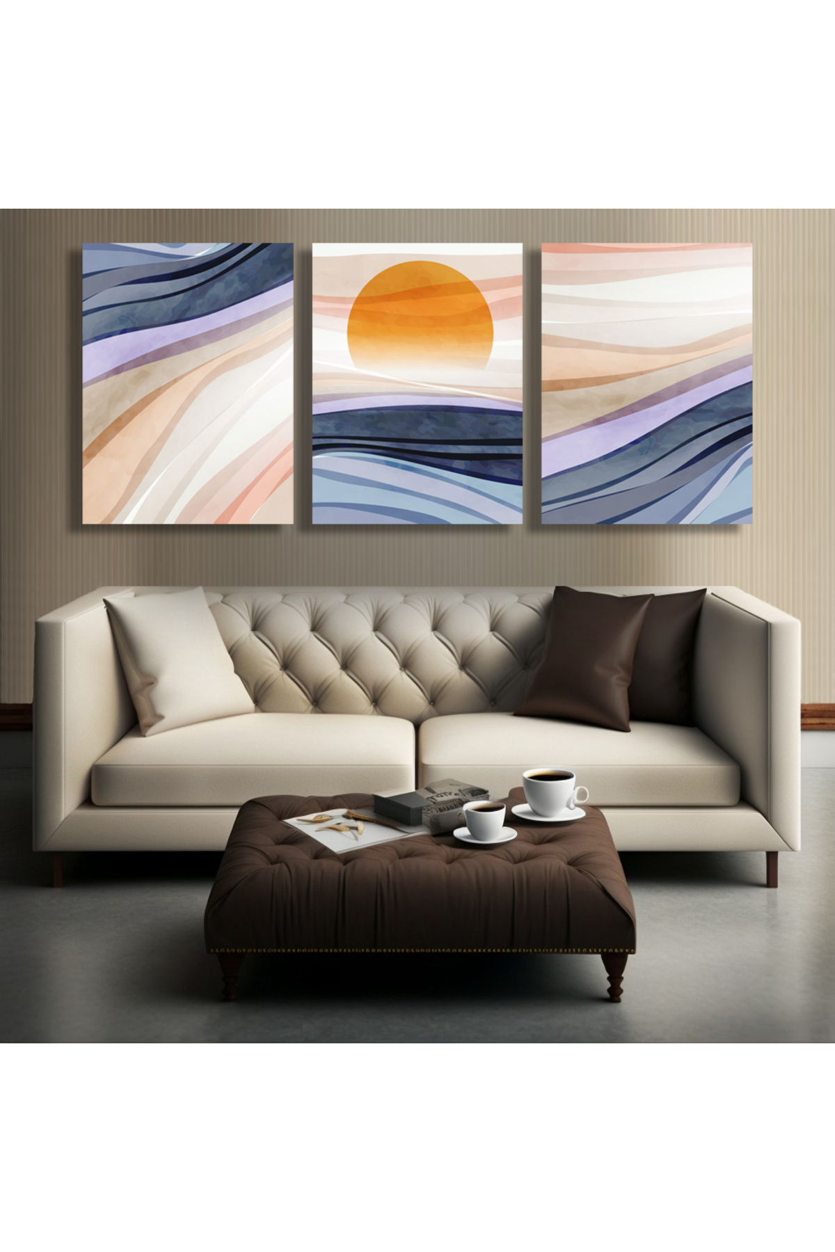 Korkmazkanvas Suluboya Tarzında Dalgalar Ve Güneş. 3'Lü Kanvas Tablo