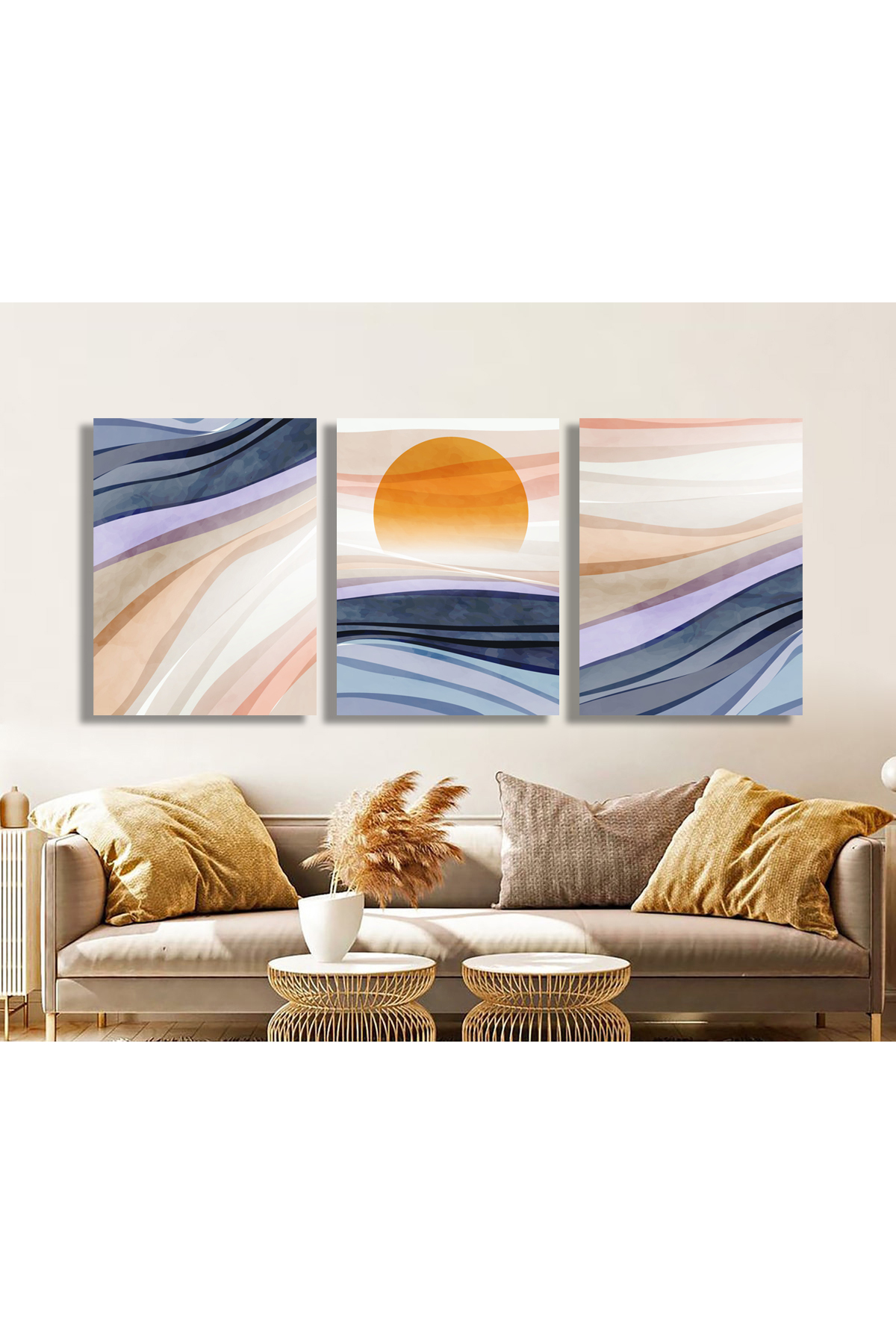 Korkmazkanvas Suluboya Tarzında Dalgalar Ve Güneş. 3'Lü Kanvas Tablo