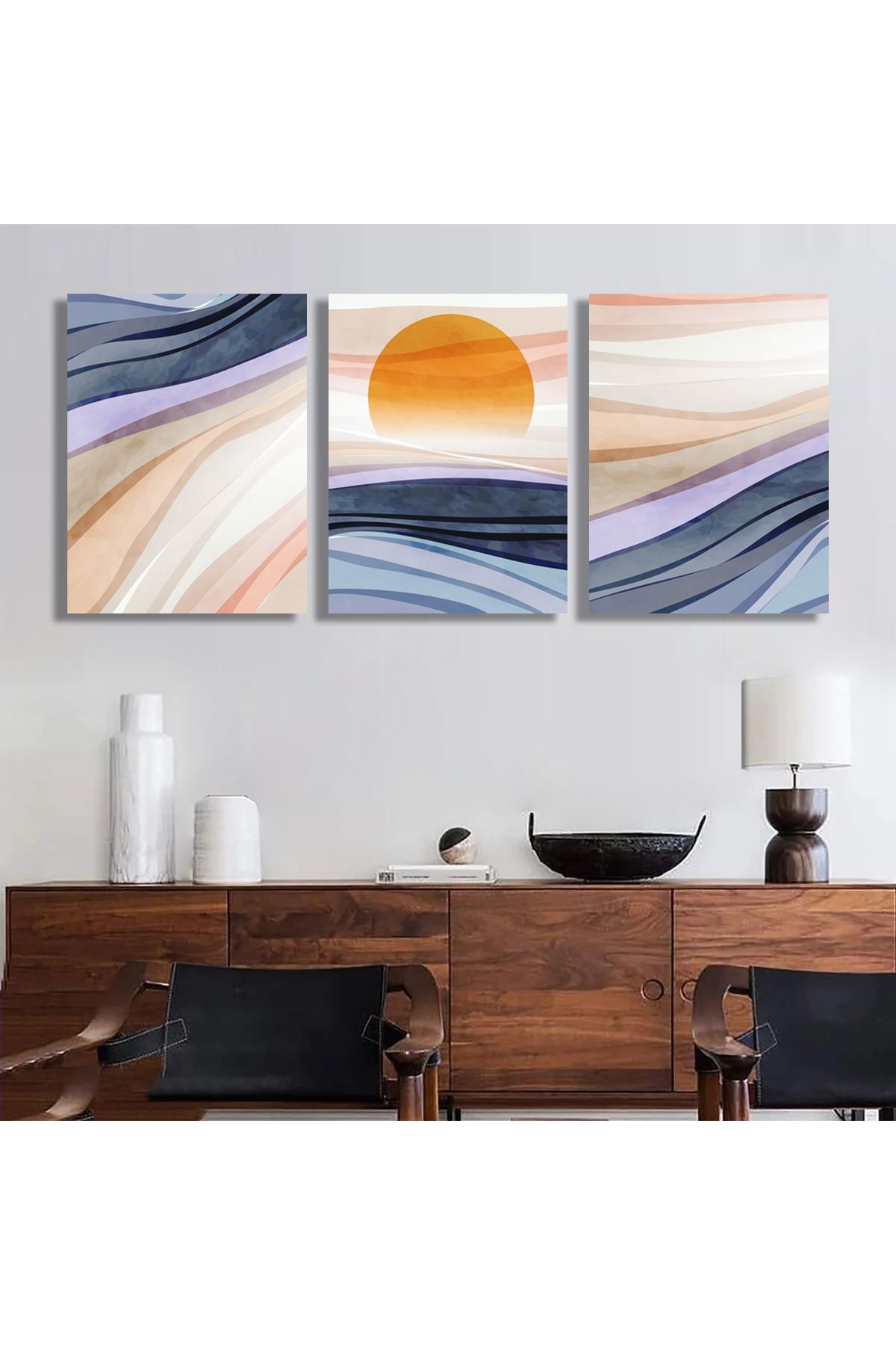 Korkmazkanvas Suluboya Tarzında Dalgalar Ve Güneş. 3'Lü Kanvas Tablo