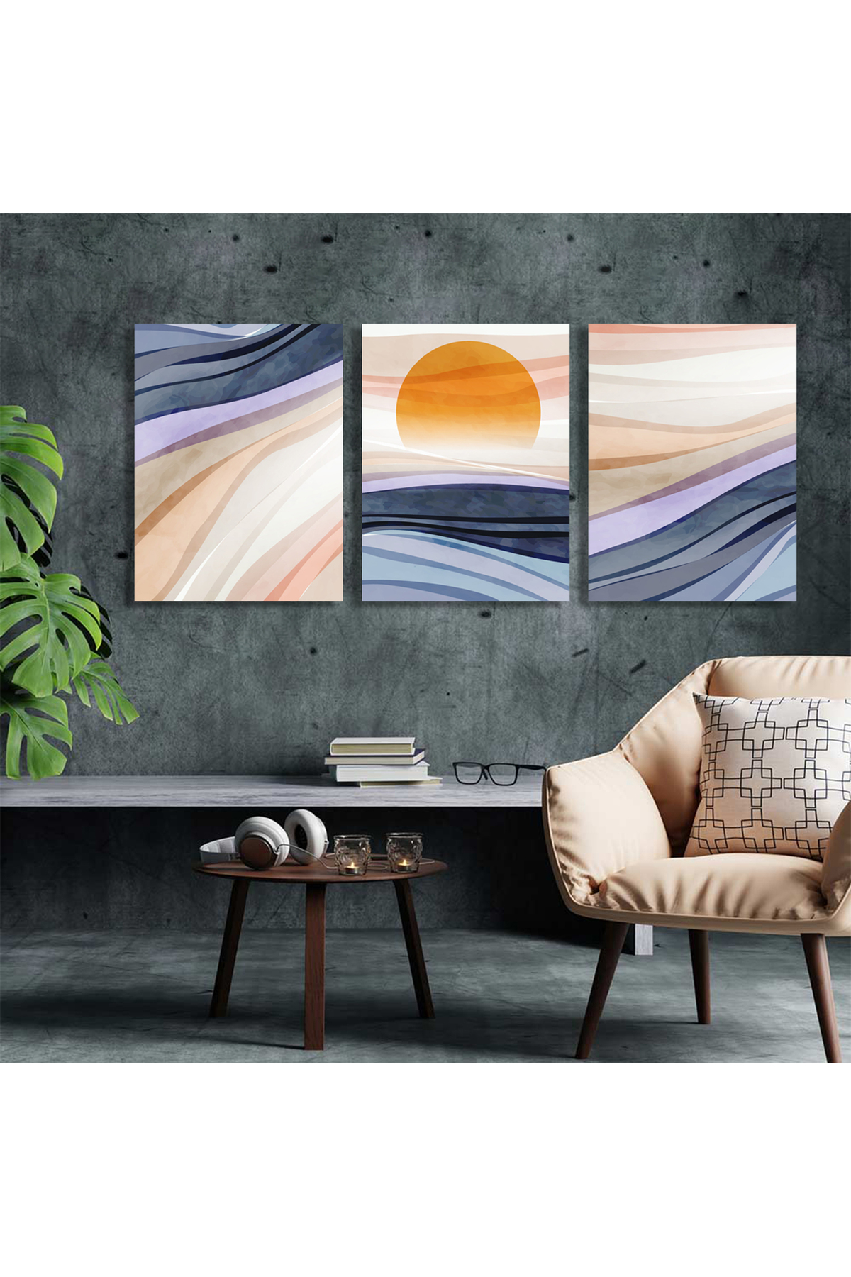 Korkmazkanvas Suluboya Tarzında Dalgalar Ve Güneş. 3'Lü Kanvas Tablo
