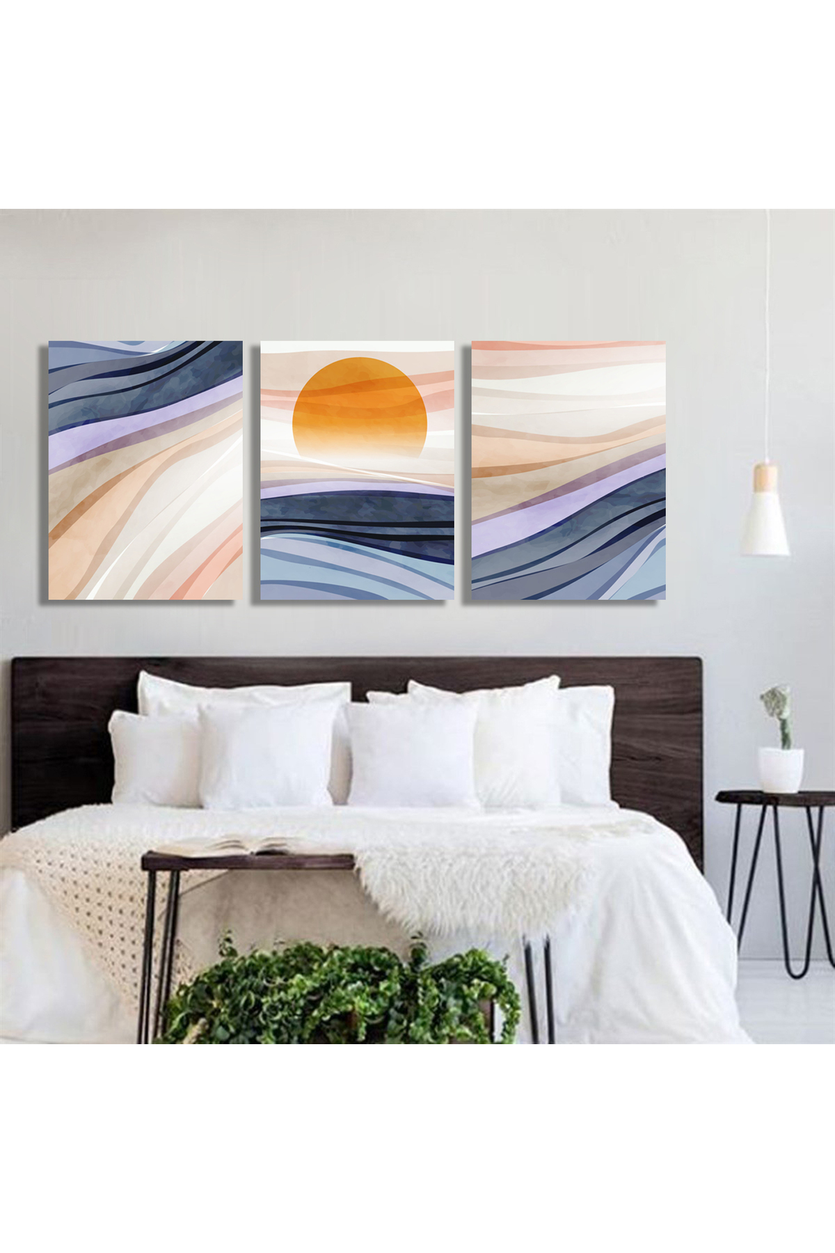 Korkmazkanvas Suluboya Tarzında Dalgalar Ve Güneş. 3'Lü Kanvas Tablo