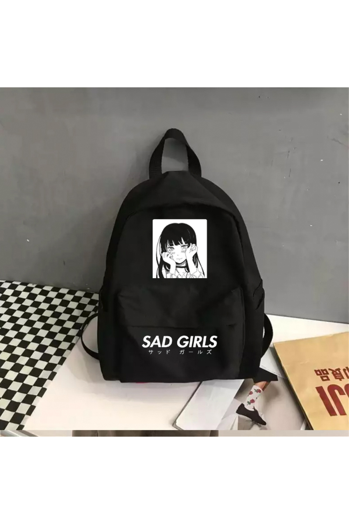 Suluklu Siyah Anime Japanese Sad Girls Okul Sırt Çantası