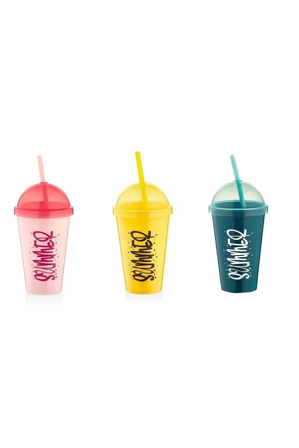 Summer Plastik Pipetli Bardak 3 lü Set Sarı -Pembe-Mavi Renkler 3