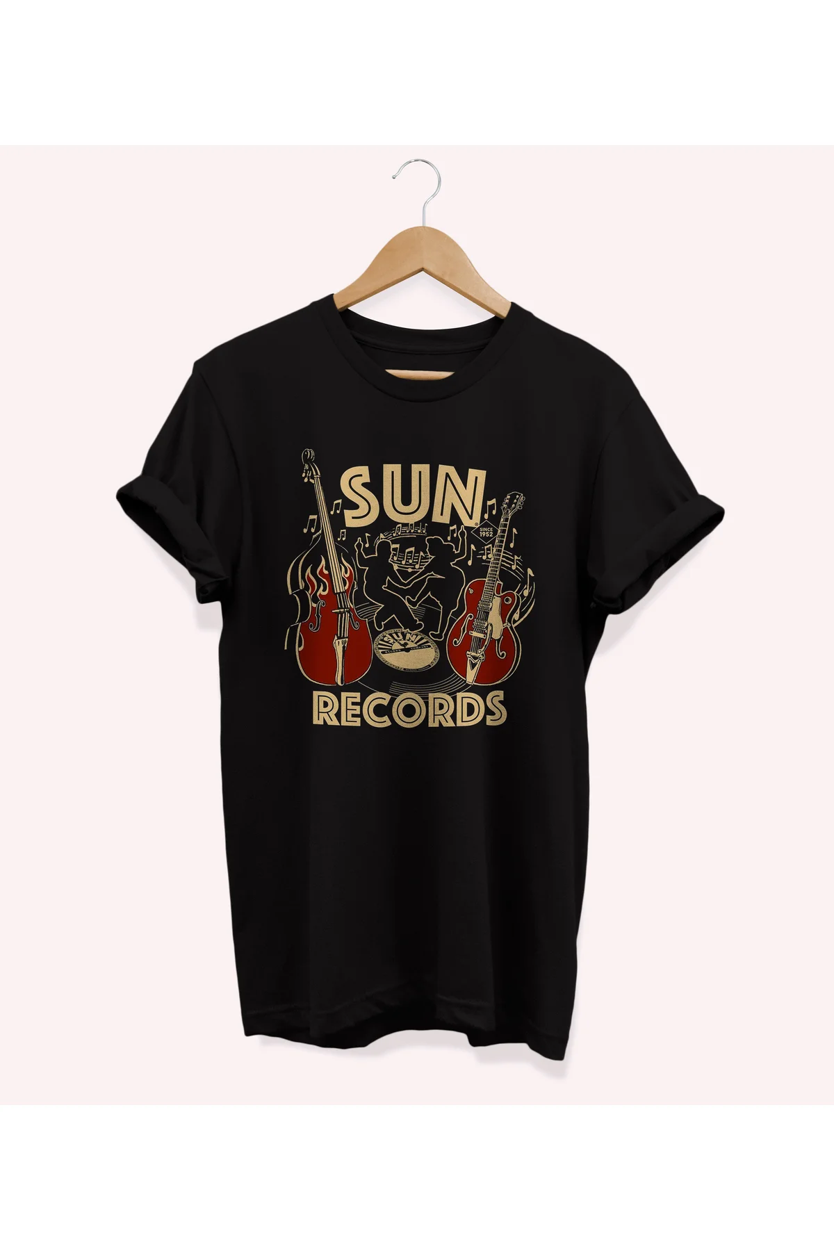, Sun Records Baskılı, %100 Pamuk, Bisiklet Yaka, Normal Beden Tişört, Basic T-shirt