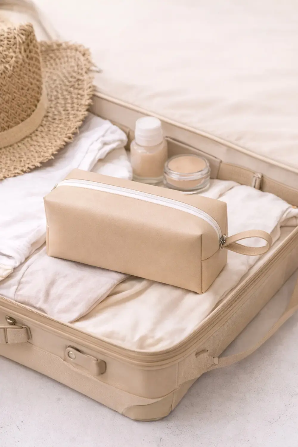 Suni Deri Makyaj Çantası – Fermuarlı, Seyahat Uyumlu Şeftali