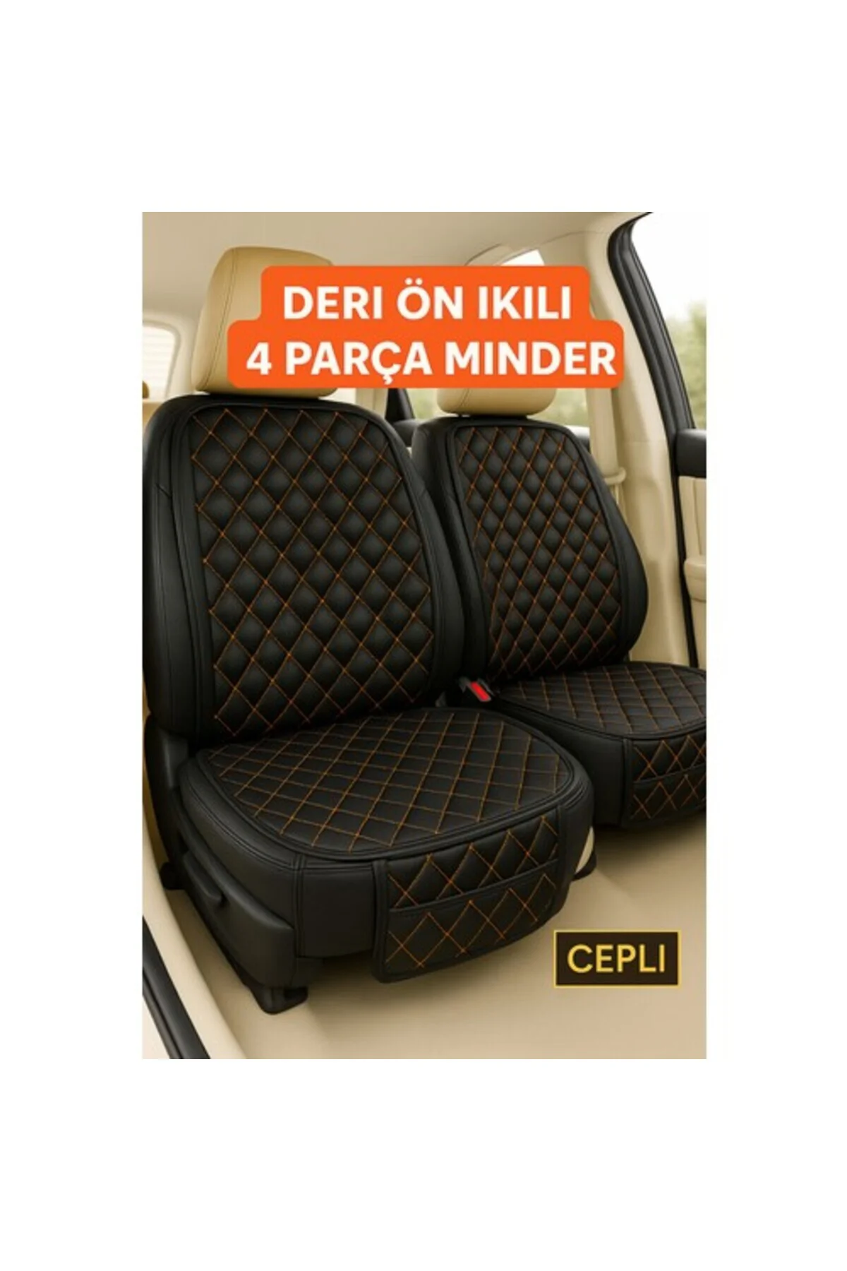Suni Deri Oto Koltuk Minderi Silinebilir Leke Tutmaz Kapitone 2'li Siyah Turuncu