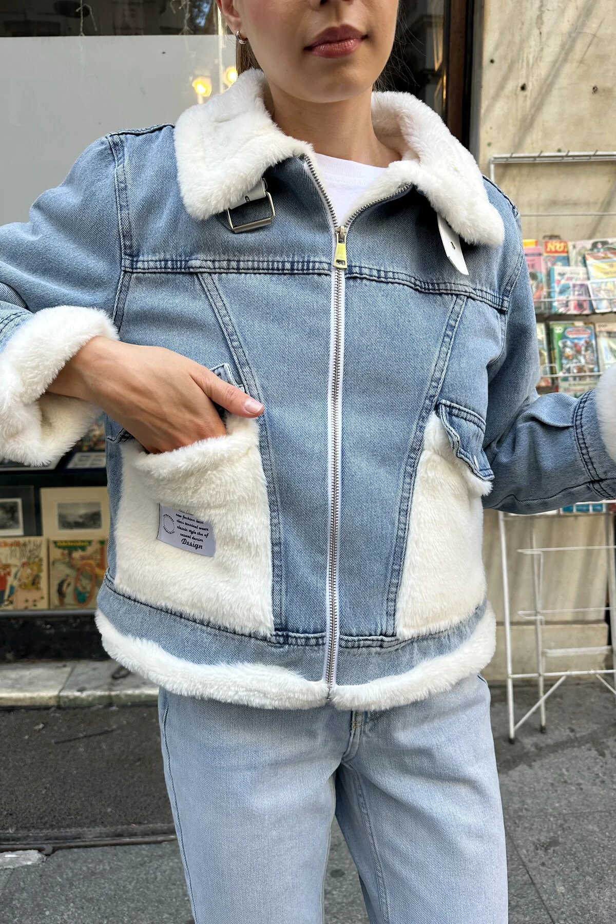 Suni Kürk Detaylı Jean Ceket - Oversize Denim Peluş