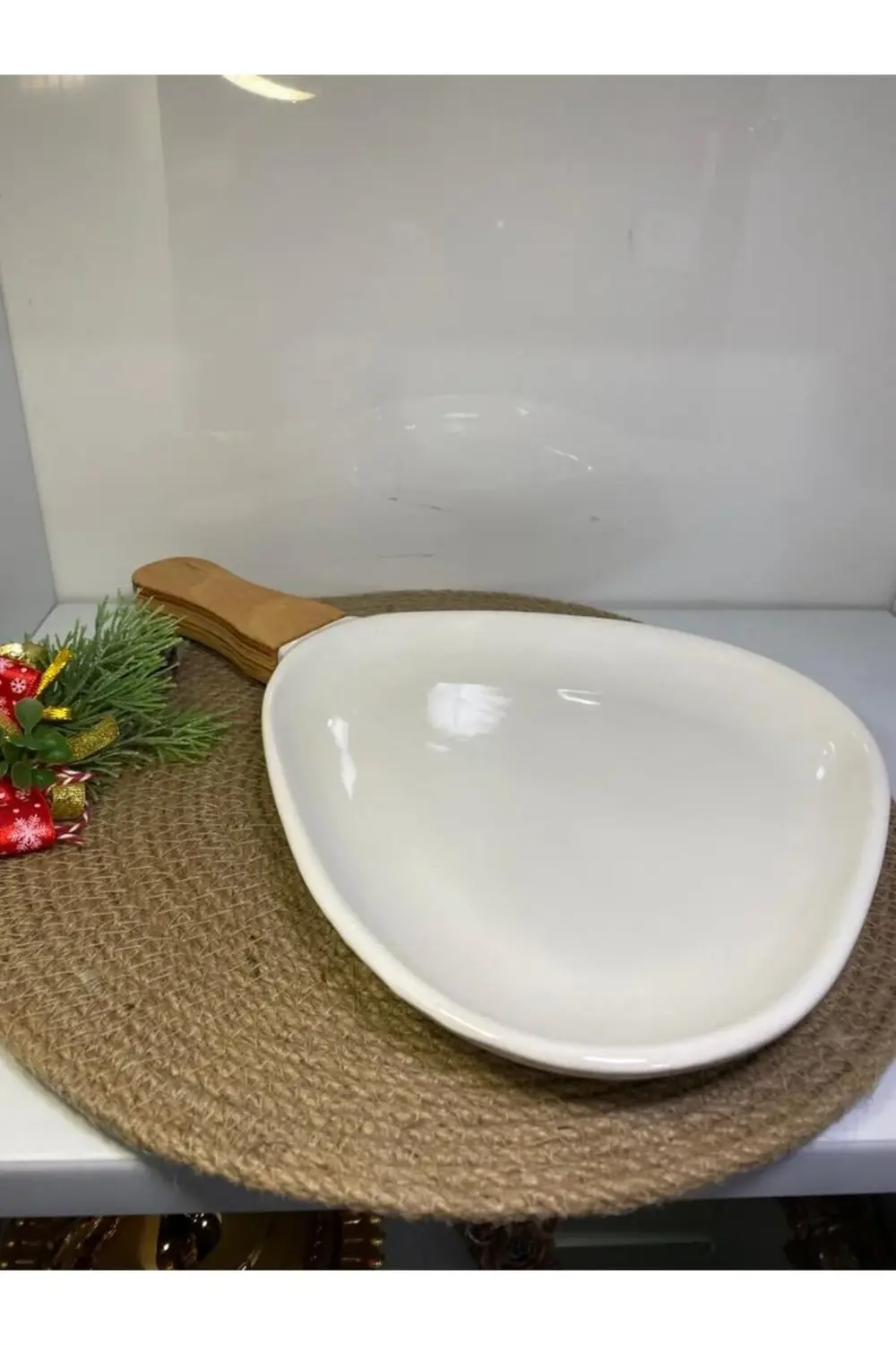 Sunum Tabağı Seramik Elips Ahşap Kulplu Ecr-