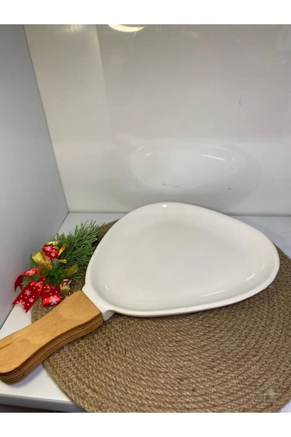 Sunum Tabağı Seramik Elips Ahşap Kulplu Ecr-