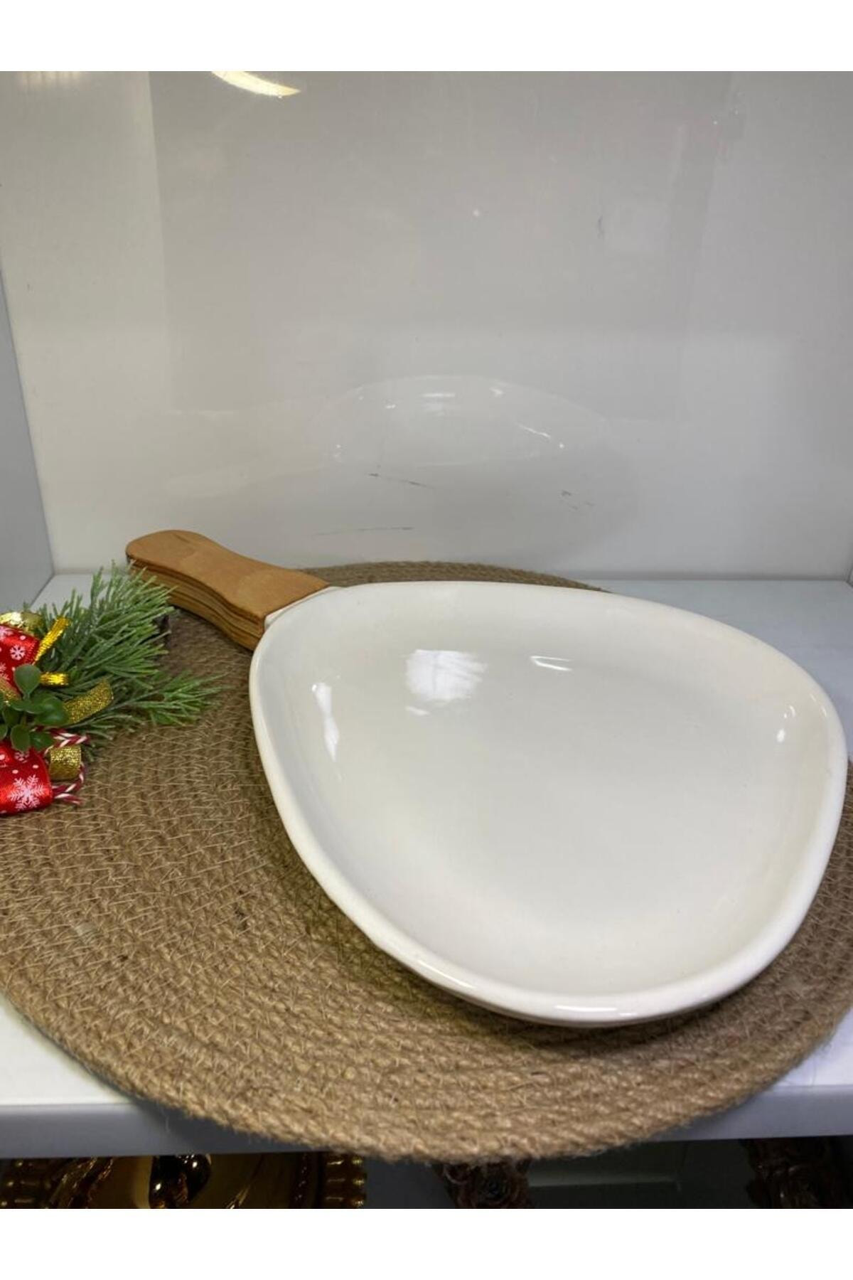 Elif Aksesuar Sunum Tabağı Seramik Elips Ahşap Kulplu Ecr-