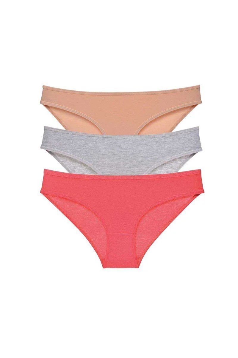 Süper Eko Set Likralı Kadın Slip Külot - 3'lü Pamuklu Külot Seti (Ten Gri & Fuşya)