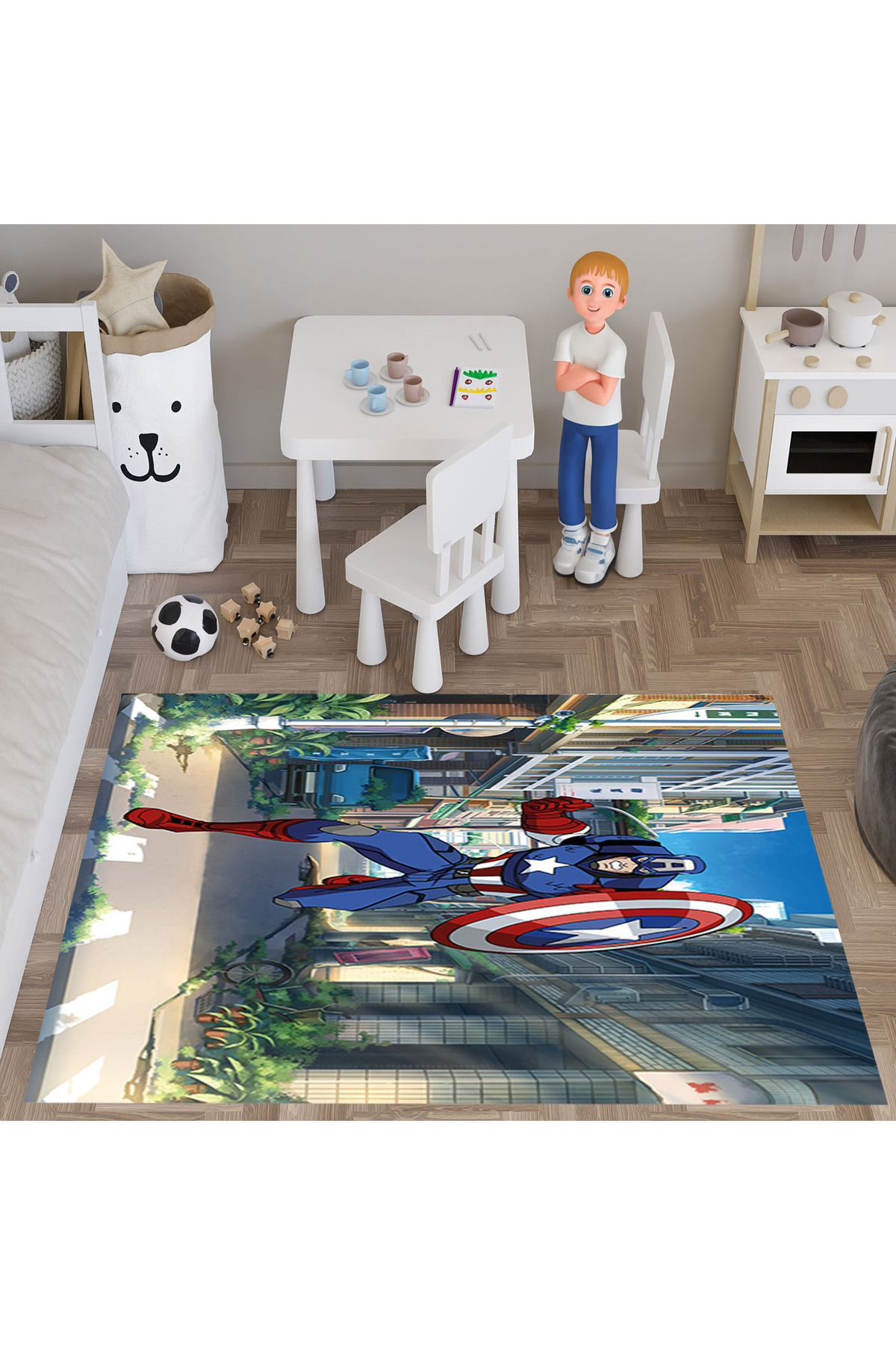 Evan Home Süper Kahraman Desenli  Dijital Baski Yikanabilir Kaymaz Taban Çocuk Odasi Halisi