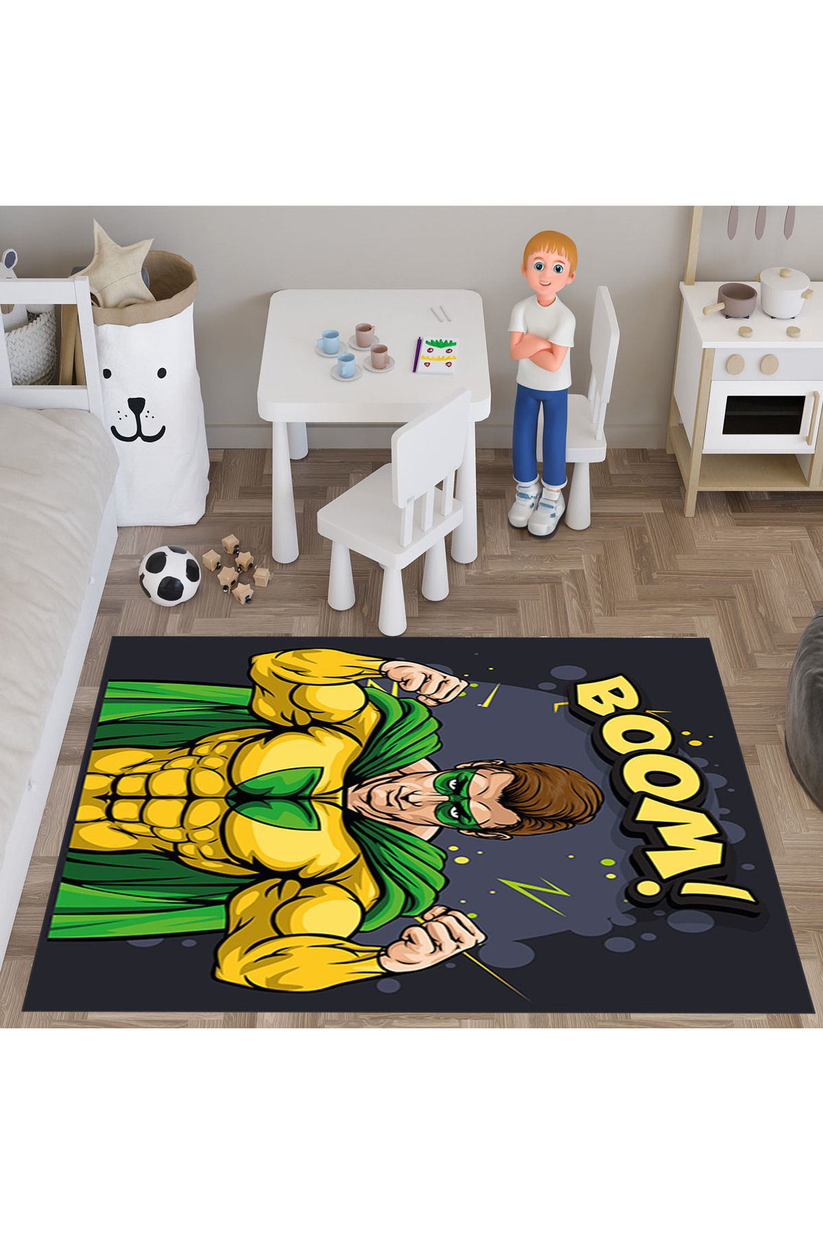 Evan Home Süper Kahraman  Desenli  Dijital Baski Yikanabilir Kaymaz Taban Çocuk Odasi Halisi