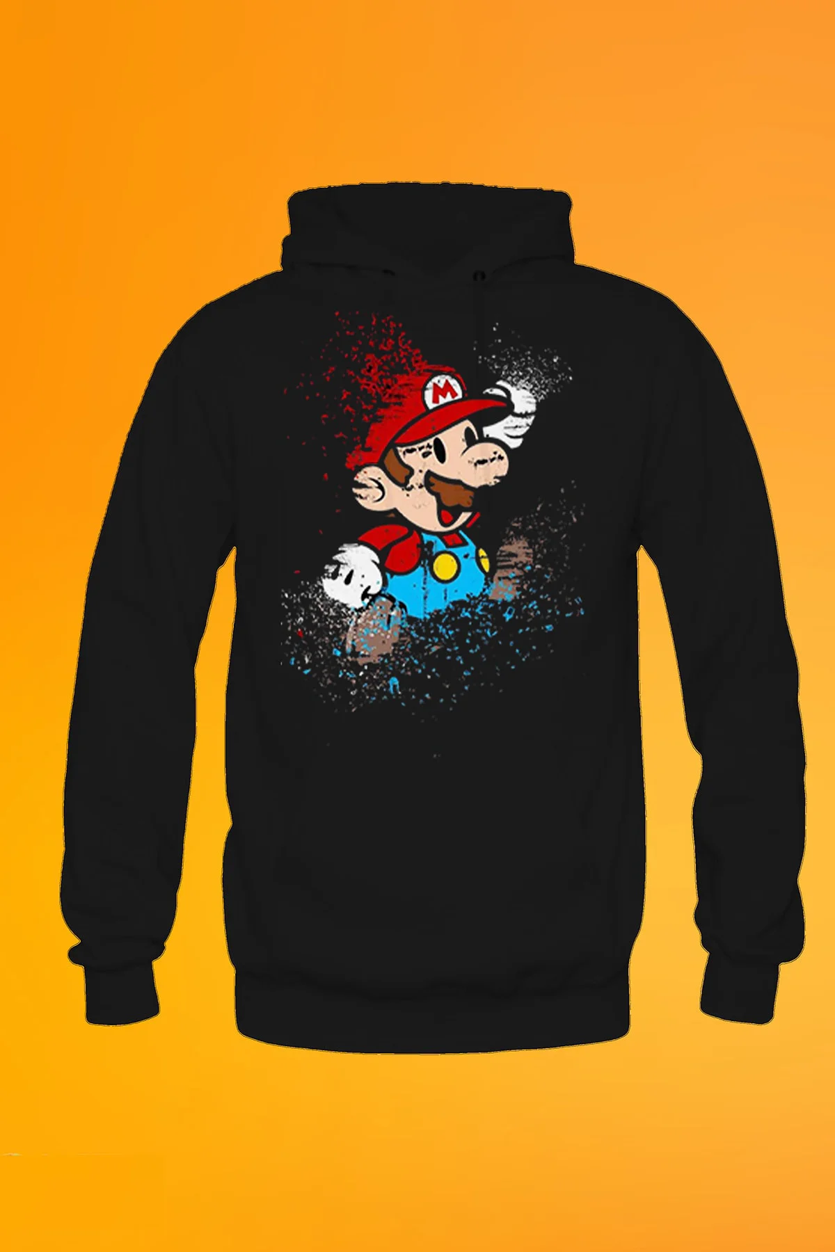 Super Mario Baskılı Siyah Unisex Kanguru Cep Kapüşonlu Sweatshirt