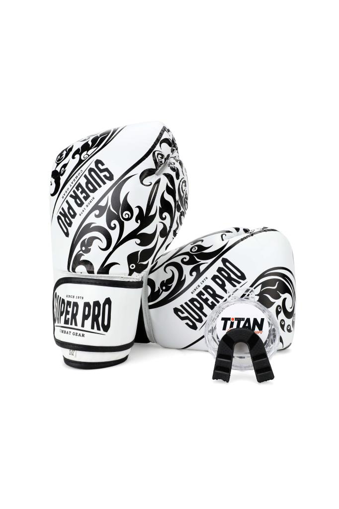Titan Sport Süper Pro Beyaz Üzeri Siyah İşlemeli Deri Boks Eldiveni 12 Oz