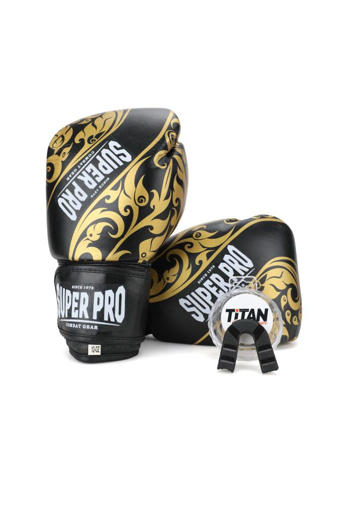 Titan Sport Süper Pro Siyah Üzeri Sari İşlemeli Deri Boks Eldiveni 12 Oz