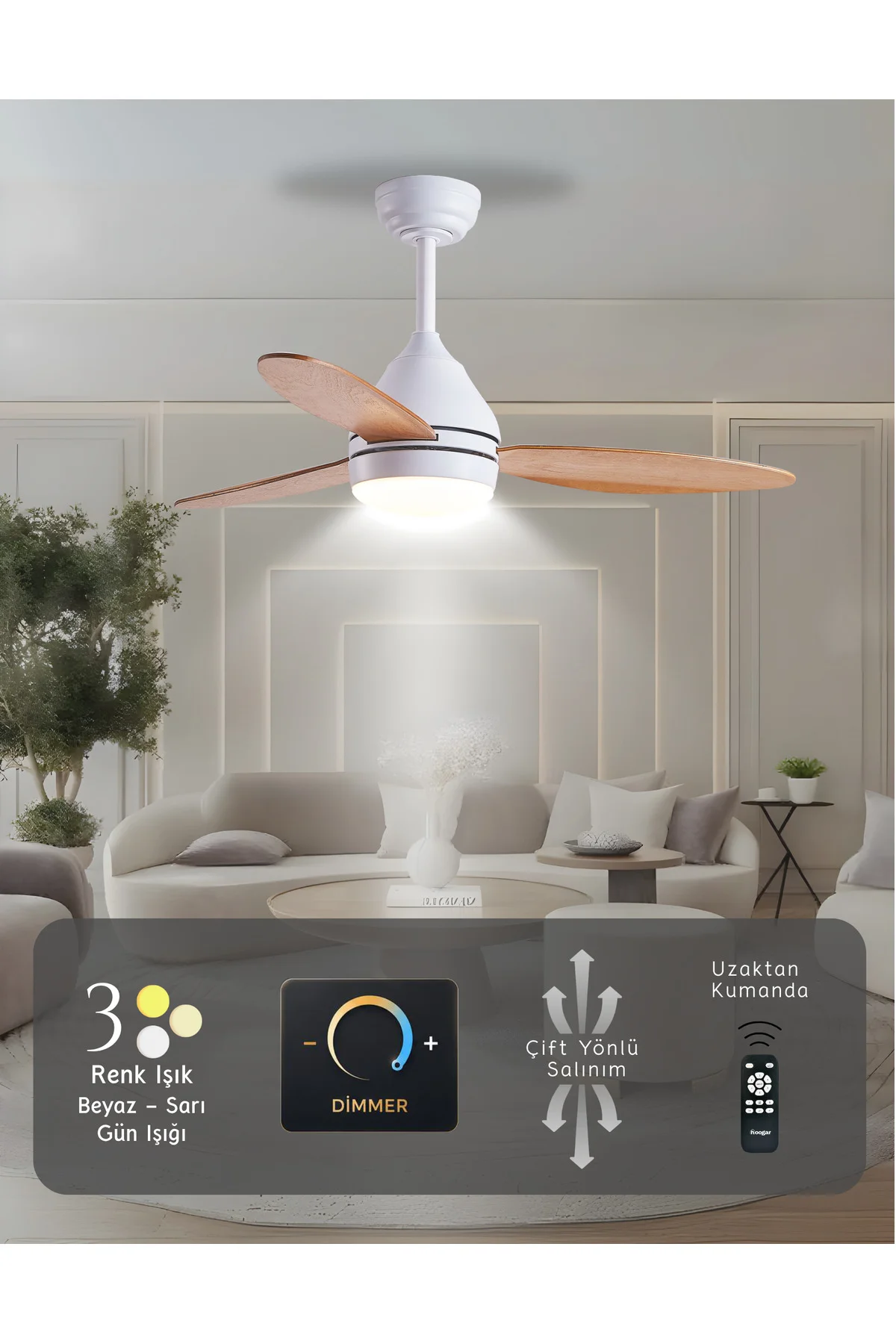 Süper Sessiz 3 Renk Uzaktan Kumandalı Dimmer Ayarlı Özel Bambu 95 CM Kanatlı Tavan Vantilatörü BL Isınmaz Motor
