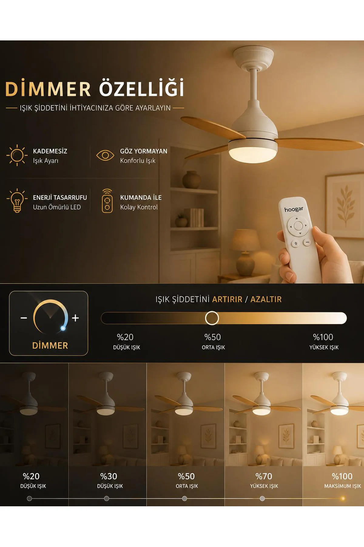 Süper Sessiz 3 Renk Uzaktan Kumandalı Dimmer Ayarlı Özel Bambu 95 CM Kanatlı Tavan Vantilatörü BL Isınmaz Motor