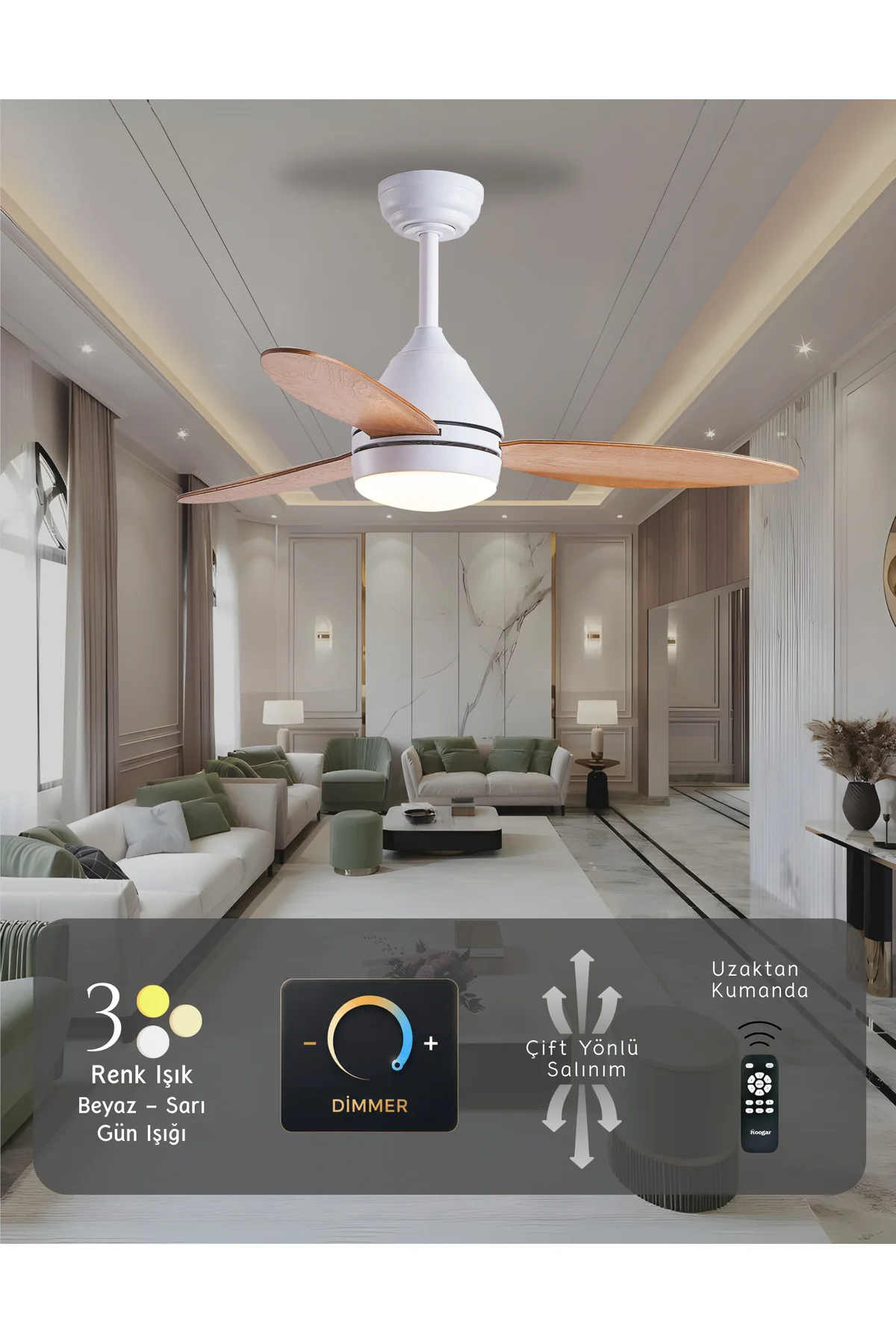 Süper Sessiz 3 Renk Uzaktan Kumandalı Dimmer Ayarlı Özel Bambu 95 CM Kanatlı Tavan Vantilatörü BL Isınmaz Motor