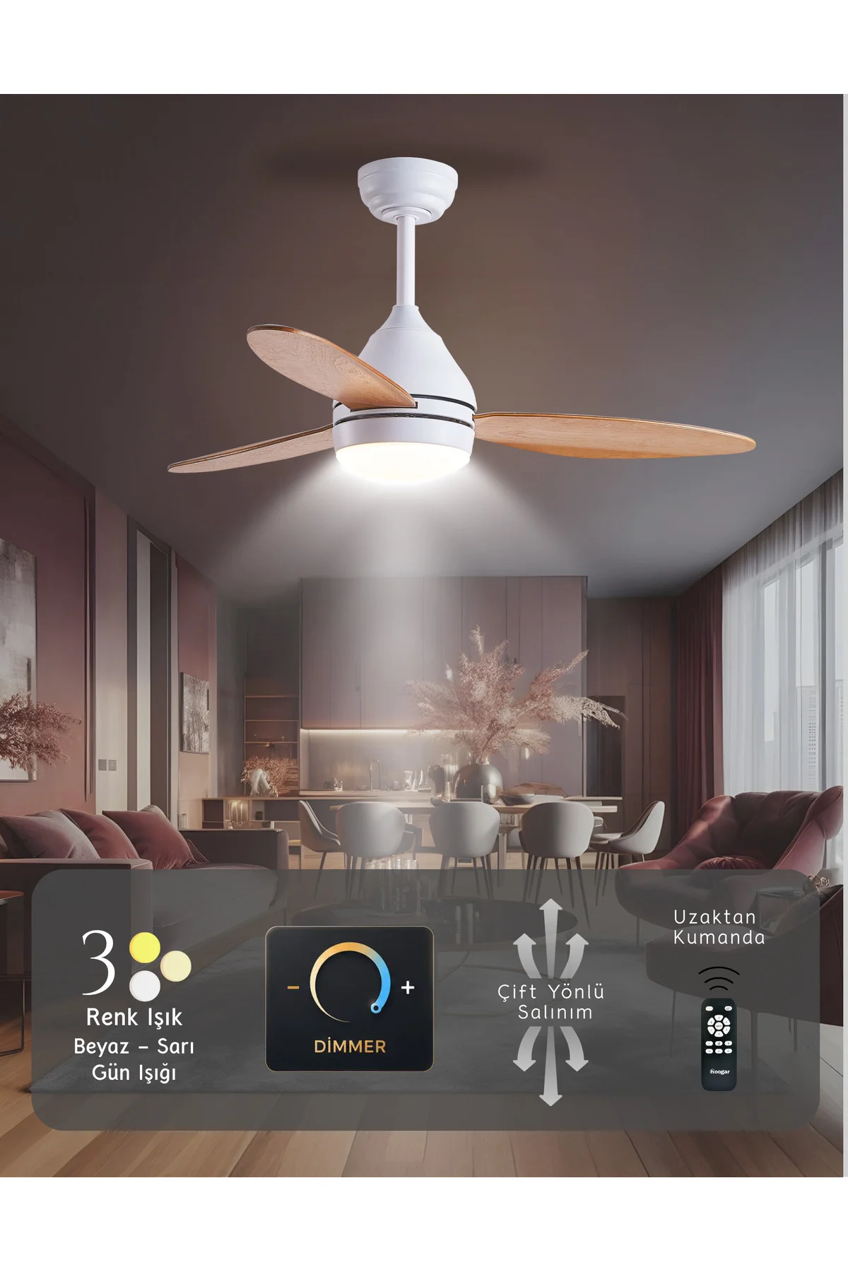 Süper Sessiz 3 Renk Uzaktan Kumandalı Dimmer Ayarlı Özel Bambu 95 CM Kanatlı Tavan Vantilatörü BL Isınmaz Motor