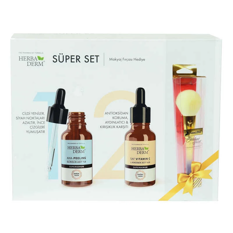 Süper Set Superserum Aha-Peeling 30 ML + Saf min C 30 ML + Hediye Makyaj Fırçası
