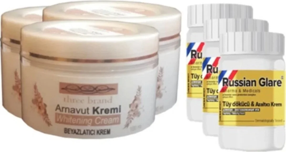 Süper Three Brand ile Uyumlu Arnavut Kremi 100 ml 3 Adet + Russian Glare ile Uyumlu Tüy Dökücü Merhem 50 ml 3 Adet - Etkili Tüy Arındırma Seti