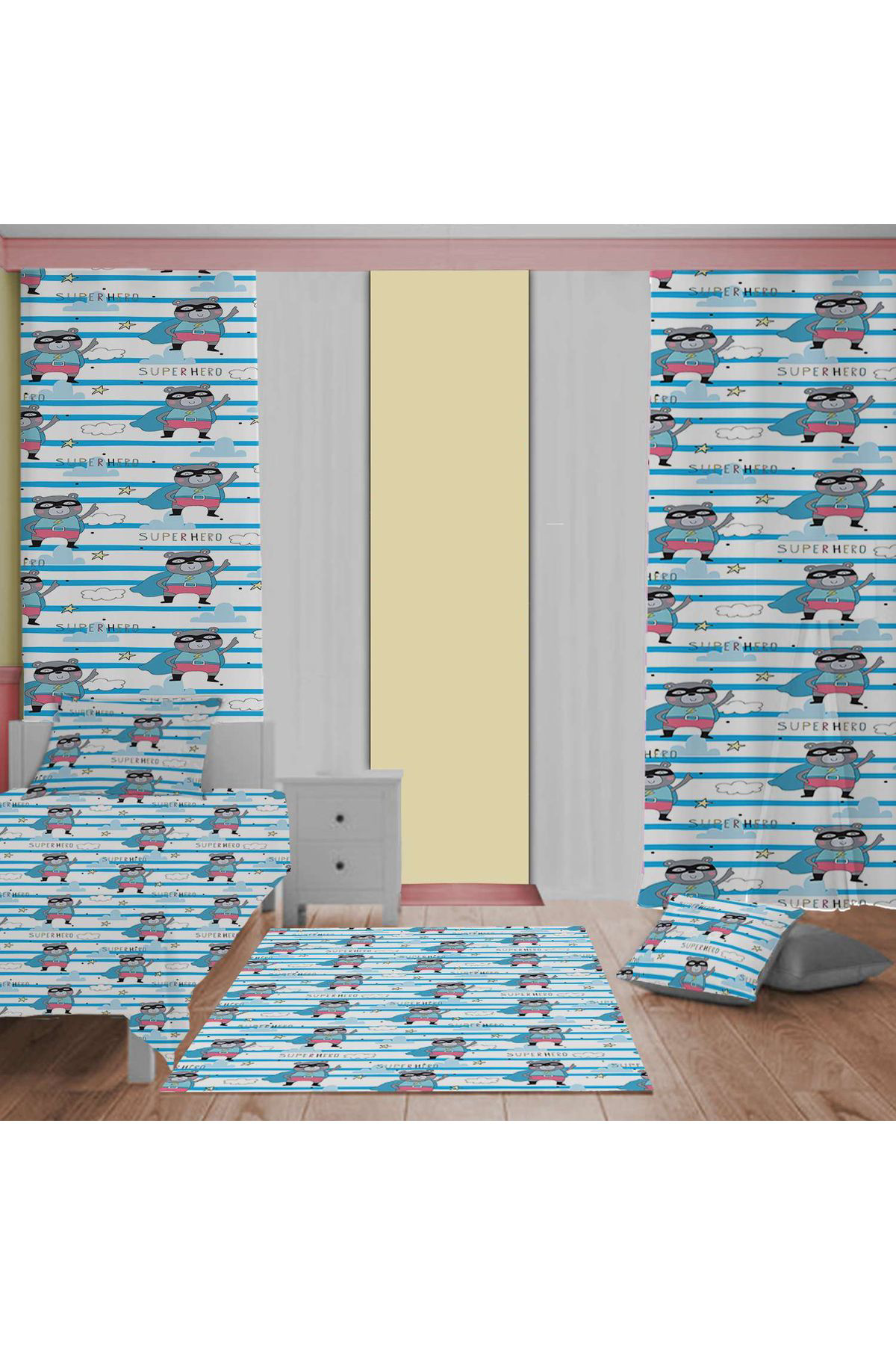 Evan Home Superhero Desenli Çocuk Odası Takım Perde (İki Kanat),Yatak Örtüsü,Yastık,Kırlent ,Halı,
