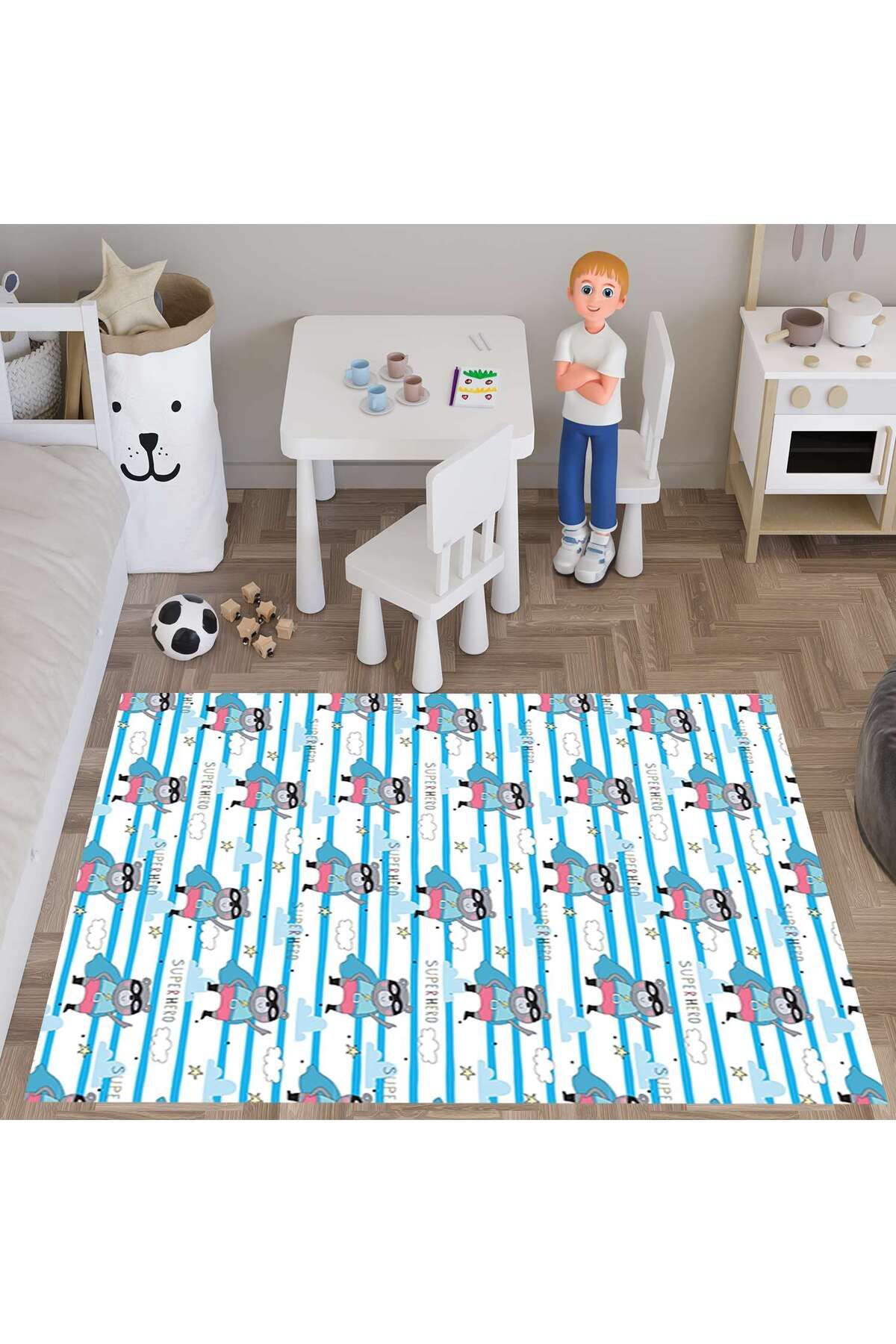 Evan Home Superhero Desenli Çocuk Odası Takım Perde (İki Kanat),Yatak Örtüsü,Yastık,Kırlent ,Halı,