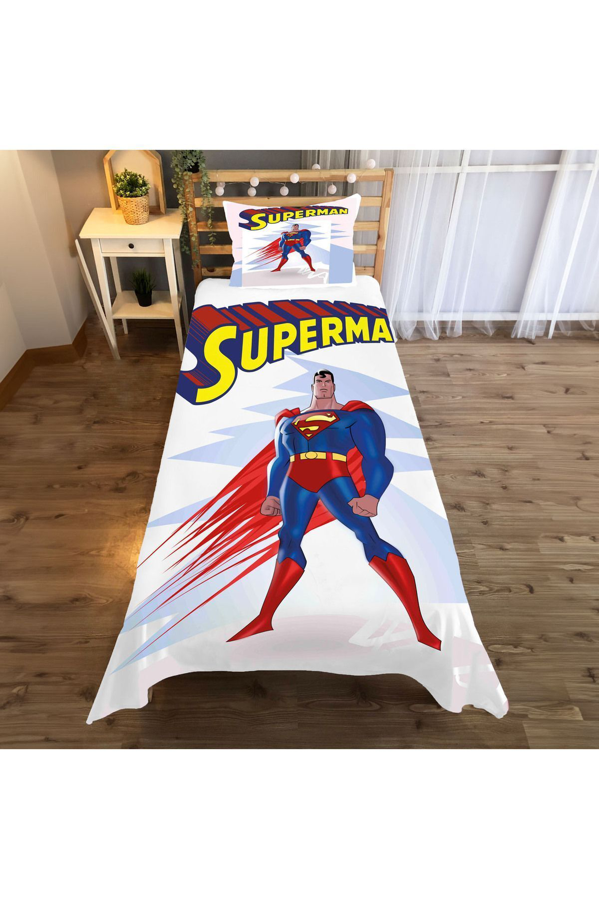 Evan Home Superman Desenli Çocuk Odası Takım Perde (İki Kanat),Yatak Örtüsü,Yastık,Kırlent ,Halı,Tablo