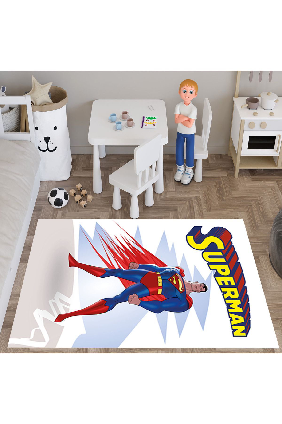 Evan Home Superman Desenli  Dijital Baski Yikanabilir Kaymaz Taban Çocuk Odasi Halisi