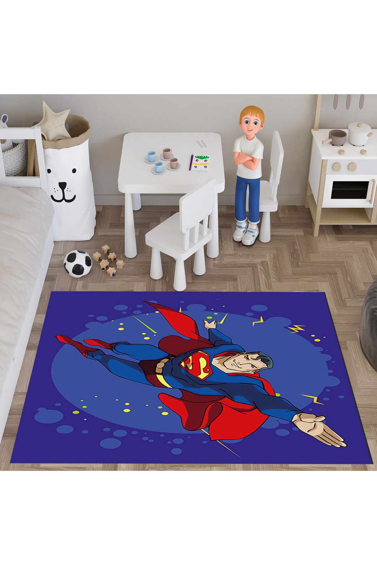 Evan Home Superman  Desenli  Dijital Baski Yikanabilir Kaymaz Taban Çocuk Odasi Halisi