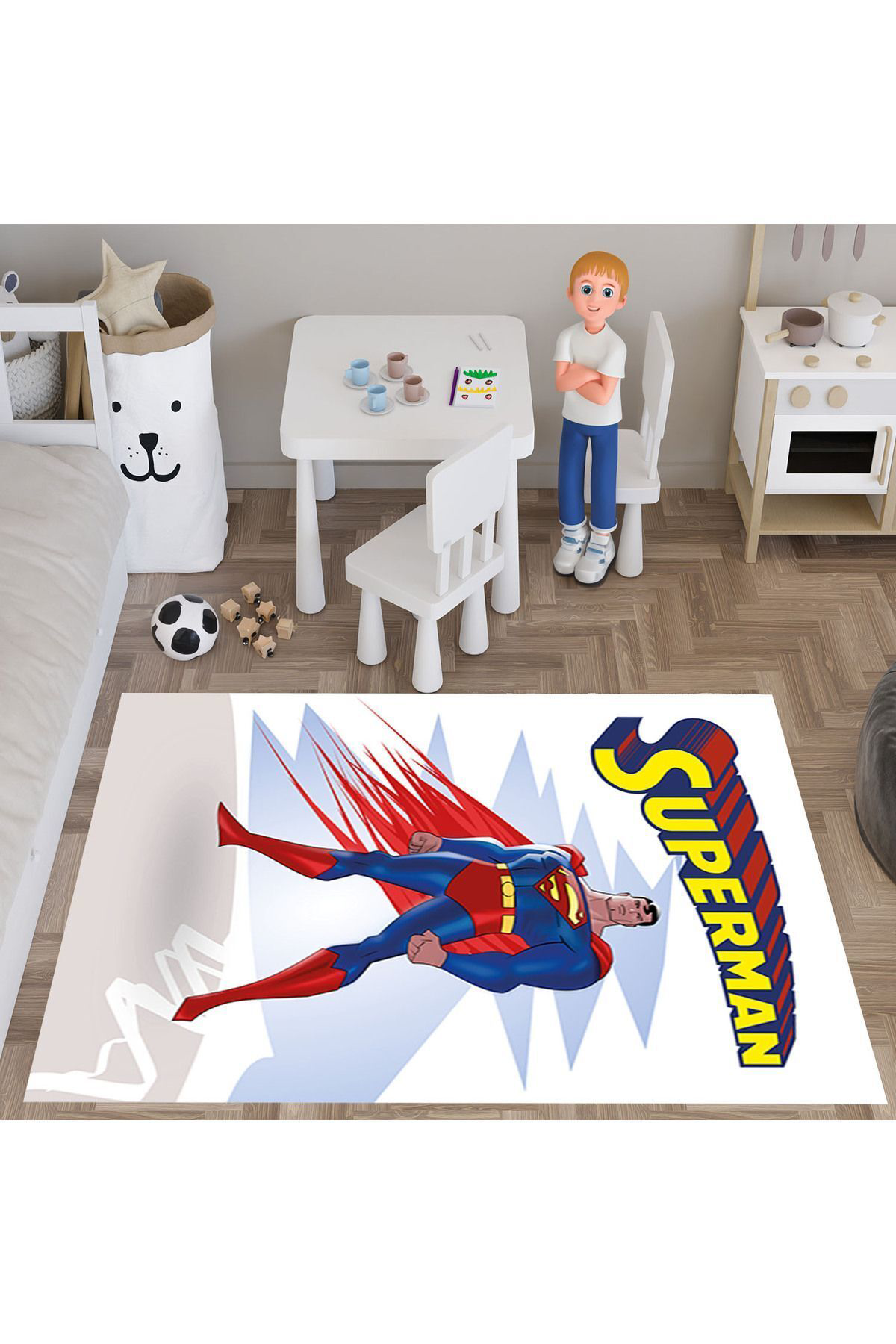 Evan Home Superman Desenli Çocuk Odası Takım Perde (İki Kanat),Yatak Örtüsü,Yastık,Kırlent ,Halı,Tablo