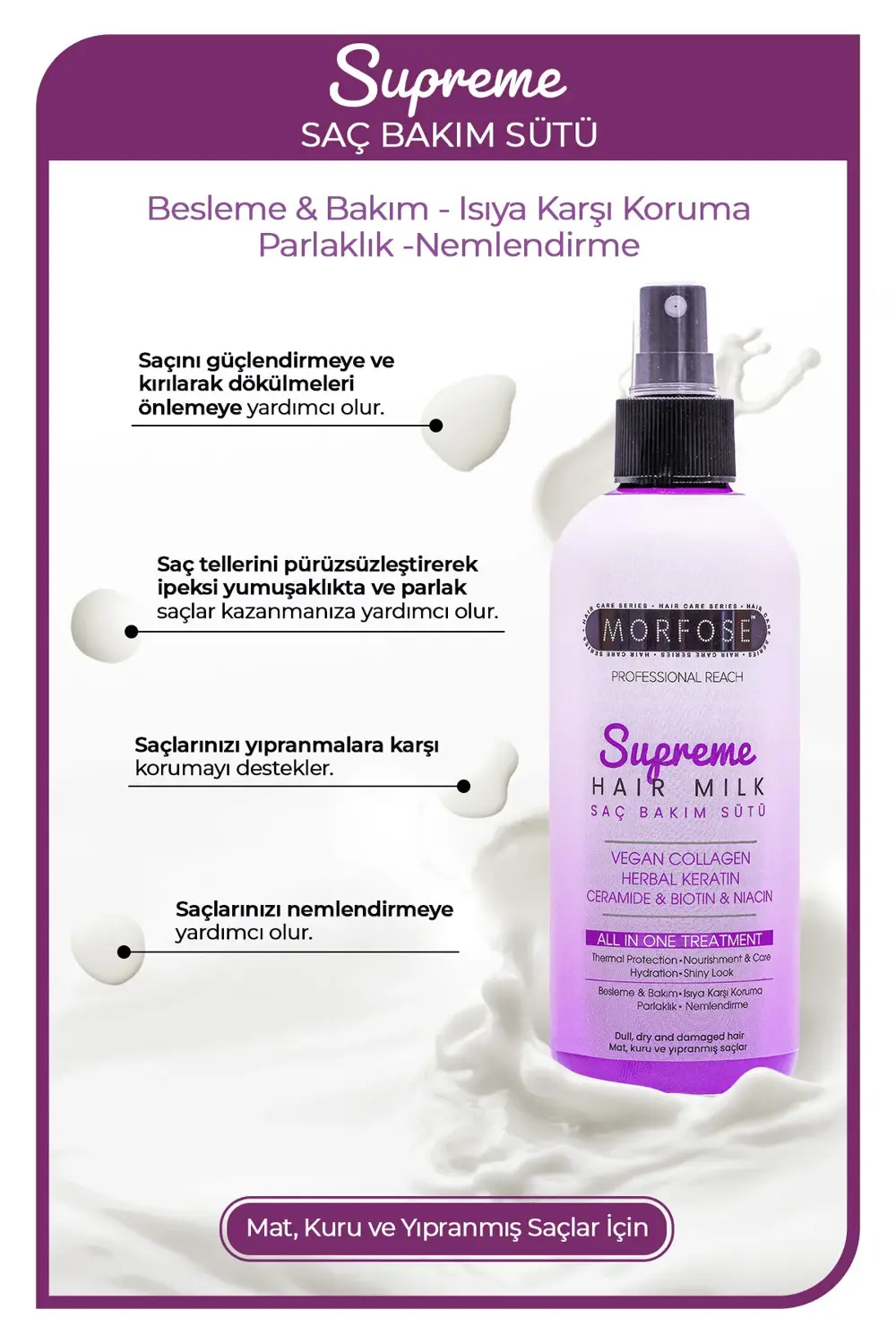 Supreme Saç Bakım Sütü 300 ml - Isıya Karşı Koruma, Nemlendirme v