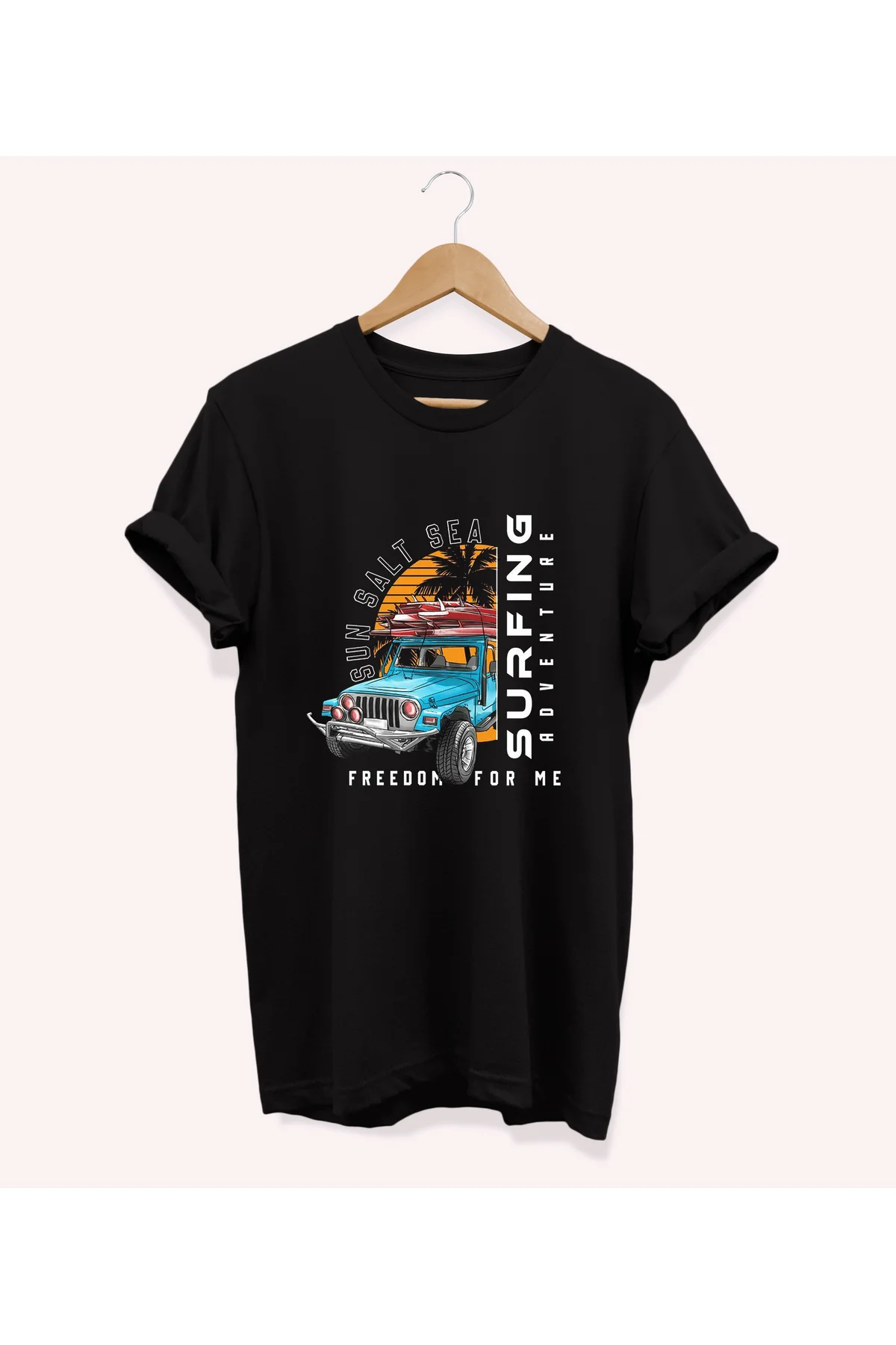 , Surf Baskılı, %100 Pamuk, Bisiklet Yaka, Oversize T-shirt, Büyü