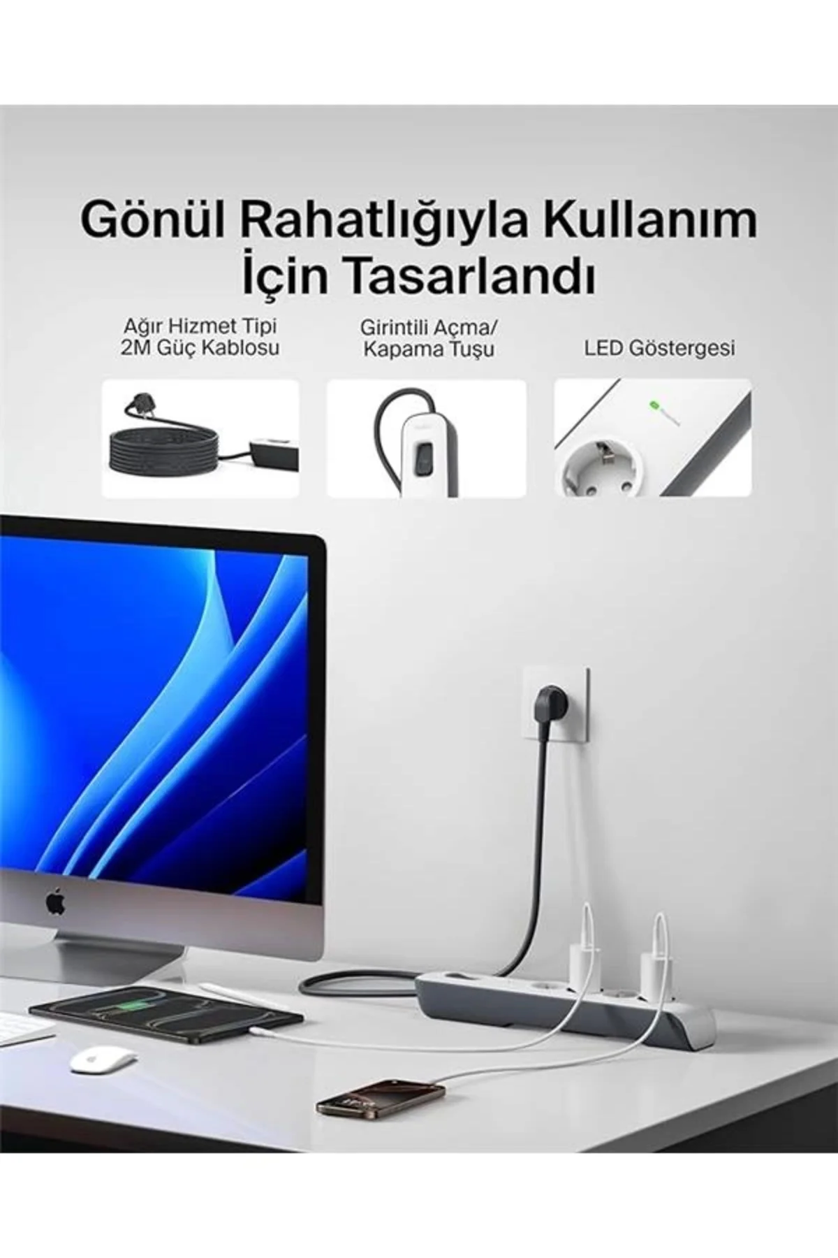 Surgemaster 4'lü priz, yüksek gerilim korumalı (2 m kablo) beyaz/